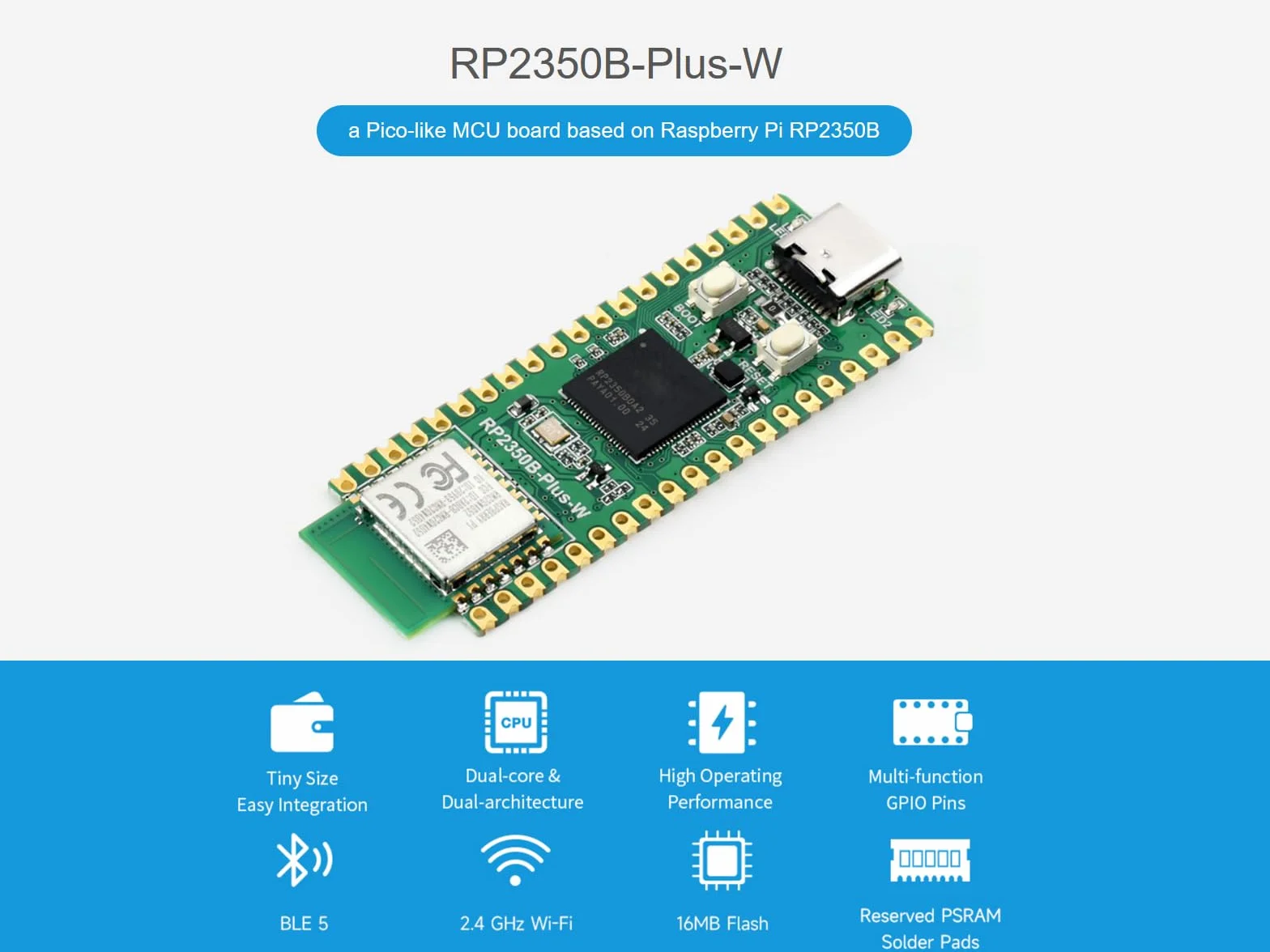 Waveshare RP2350 Płyta rozwojowa mikrokontrolera RP2350B-Plus-W, wyposażona w moduł radia Raspberry Pi 2, obsługa Wi-Fi i Bluetooth, wbudowany 520 KB SRAM i 16 MB pamięci flash on-chip