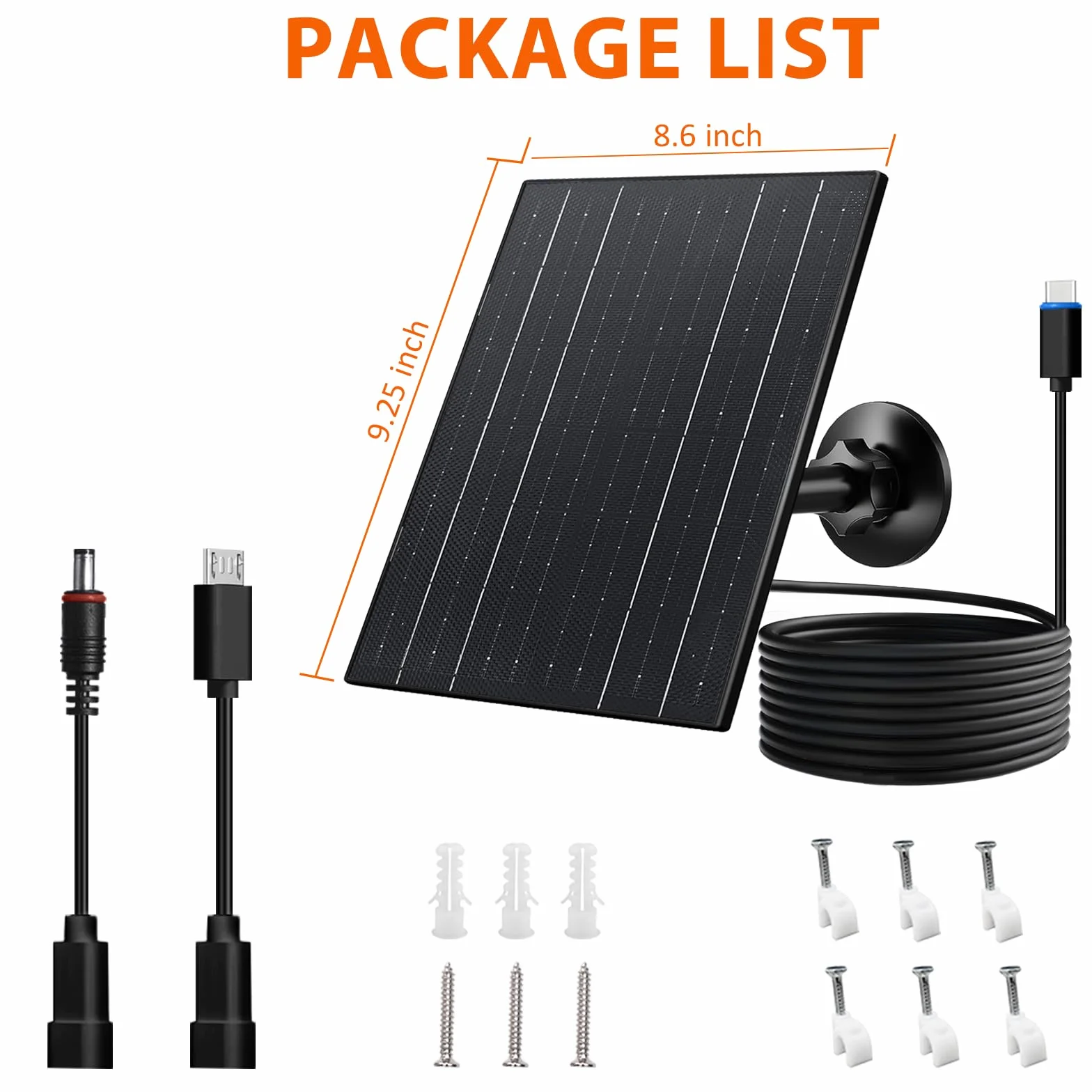 Zivif Ładowarka solarna 10 W, panel słoneczny 5 V do kamer bezpieczeństwa z portami USB-C/Micro USB/DC 5,5 x 2,1 mm, wodoodporność IP66, regulowany uchwyt 360° i kabel 2,2 m