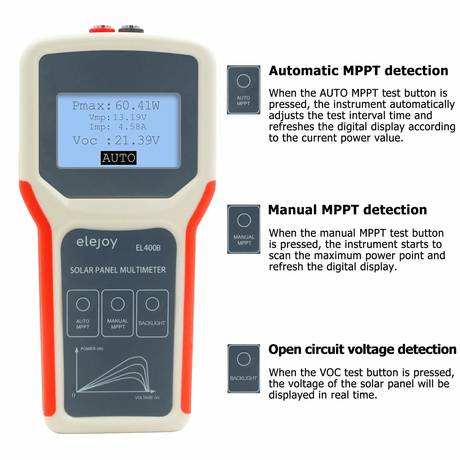 BuyWeek Tester MPPT paneli słonecznych 400 W, multimetr fotowoltaiczny z wyświetlaczem LCD, nie wymaga prądu, do paneli słonecznych PV modułów PV rozwiązywanie problemów (EL400B)