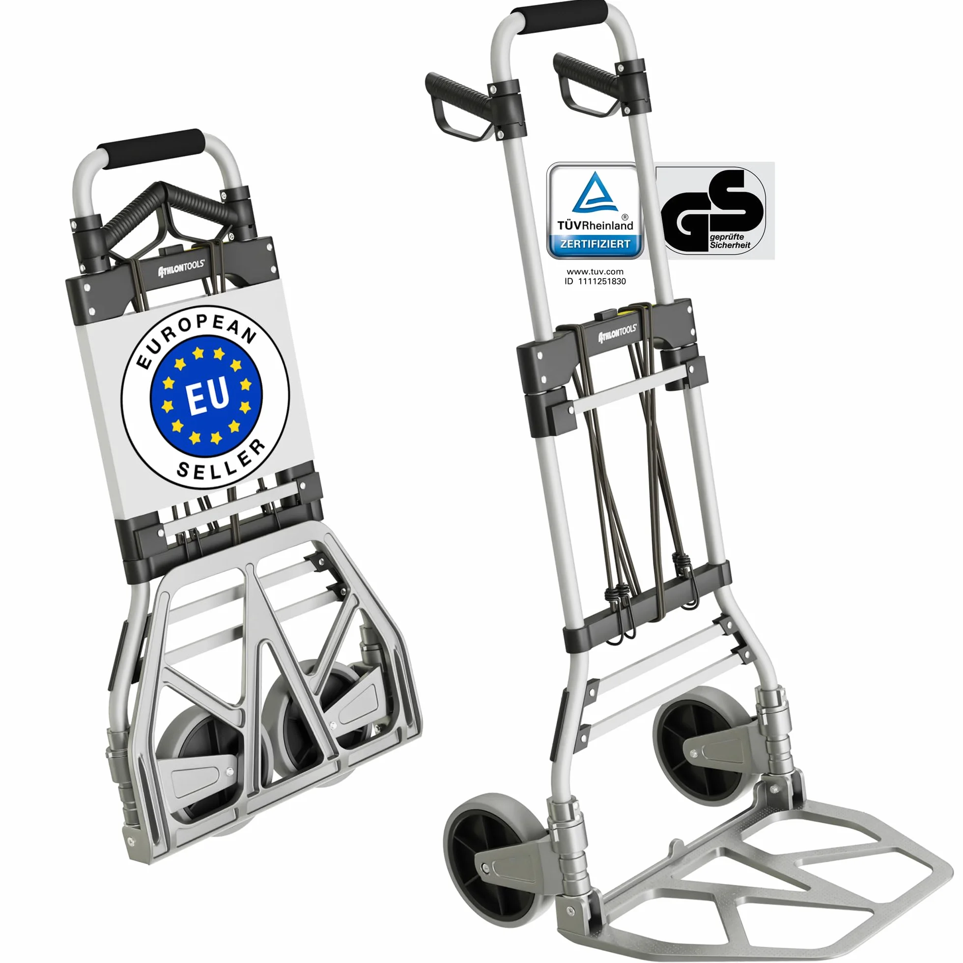 ATHLON TOOLS Aluminiowy składany wózek ręczny, płynnie poruszające się kółka z miękkimi bieżnikami, w zestawie 2 linki elastyczne (do ciężkich przedmiotów)