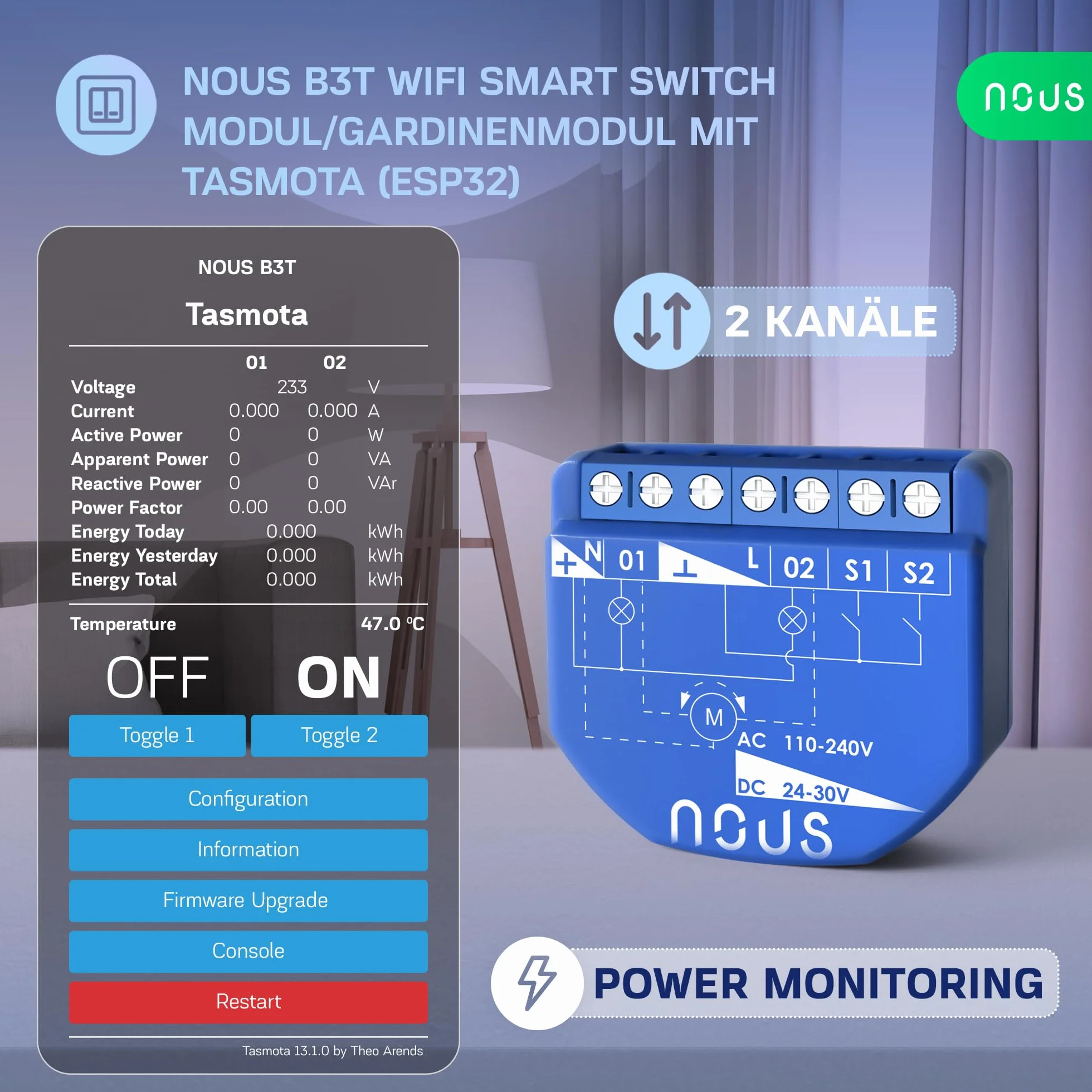 NOUS Moduł przełączający WiFi Tasmota 16A 2 kanały z pomiarem mocy ESP32 czujnik temperatury Matter MQTT