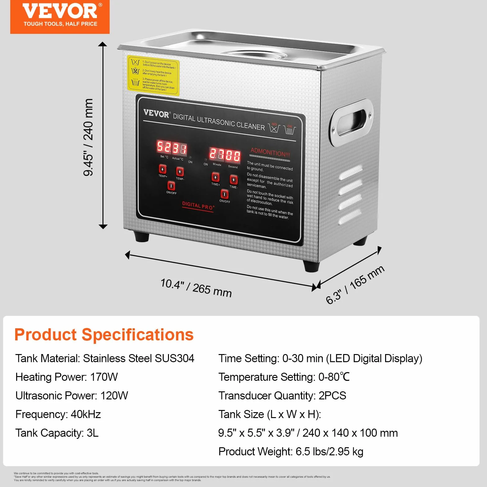 VEVOR Ultradźwiękowe urządzenie do czyszczenia ze stali nierdzewnej 150 W, 3 l, urządzenie do czyszczenia ultradźwiękowego z cyfrowym wyświetlaczem 0-30 min, czyszczenie ultradźwiękowe biżuterii,