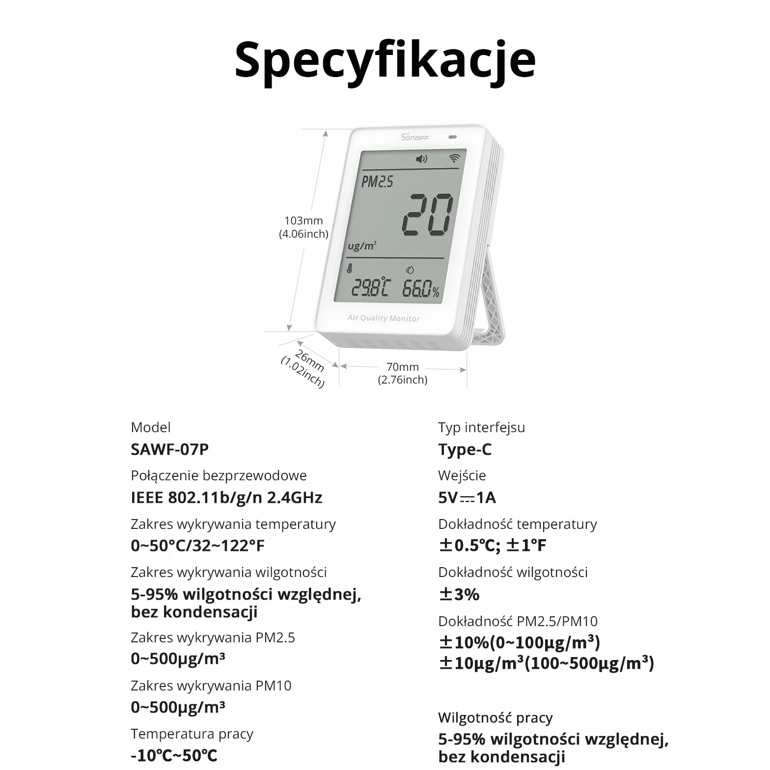SONOFF Inteligentny Monitor Jakości Powietrza PM2.5 PM10 Temperatura Wilgotność WiFi 2.4GHz Ekran 3.73 Cala Matter