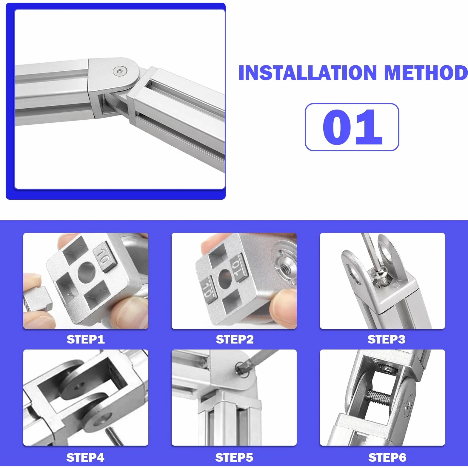 Profil aluminiowy, złącze przegubowe z dźwignią zaciskową, przegub, profil aluminiowy 40 x 40, rowek, 8 regulowanych łączników kątowych, elastyczny zawias, zakres obrotu 180°, ze stopu cynku, do