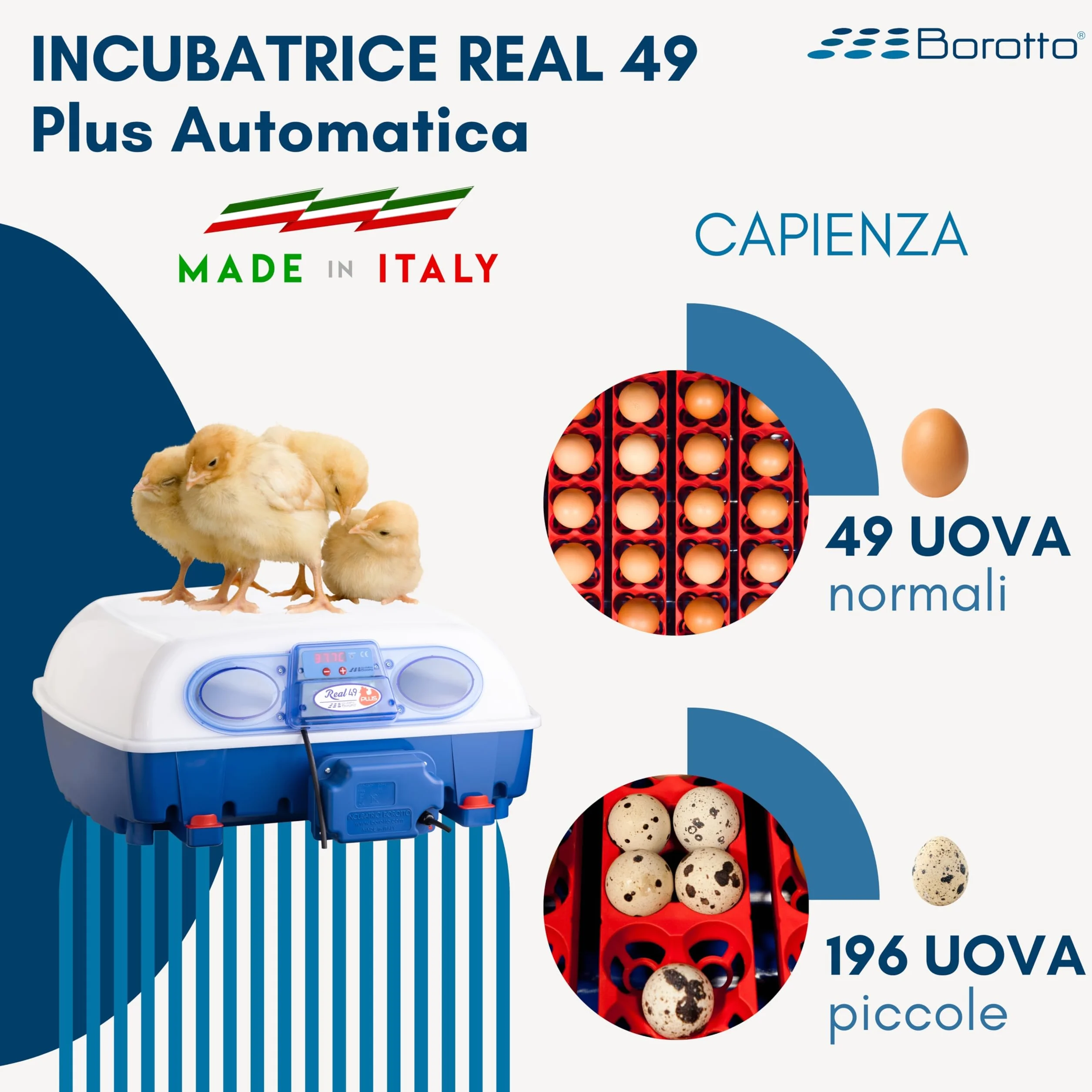 Borotto Real 49 Plus | w pełni automatyczny, profesjonalny automat do 49 lub 196 małych jajek, automatyczny mechanizm obracania jaj, regulacja temperatury, biomaster, antybakteryjny, wyprodukowano we
