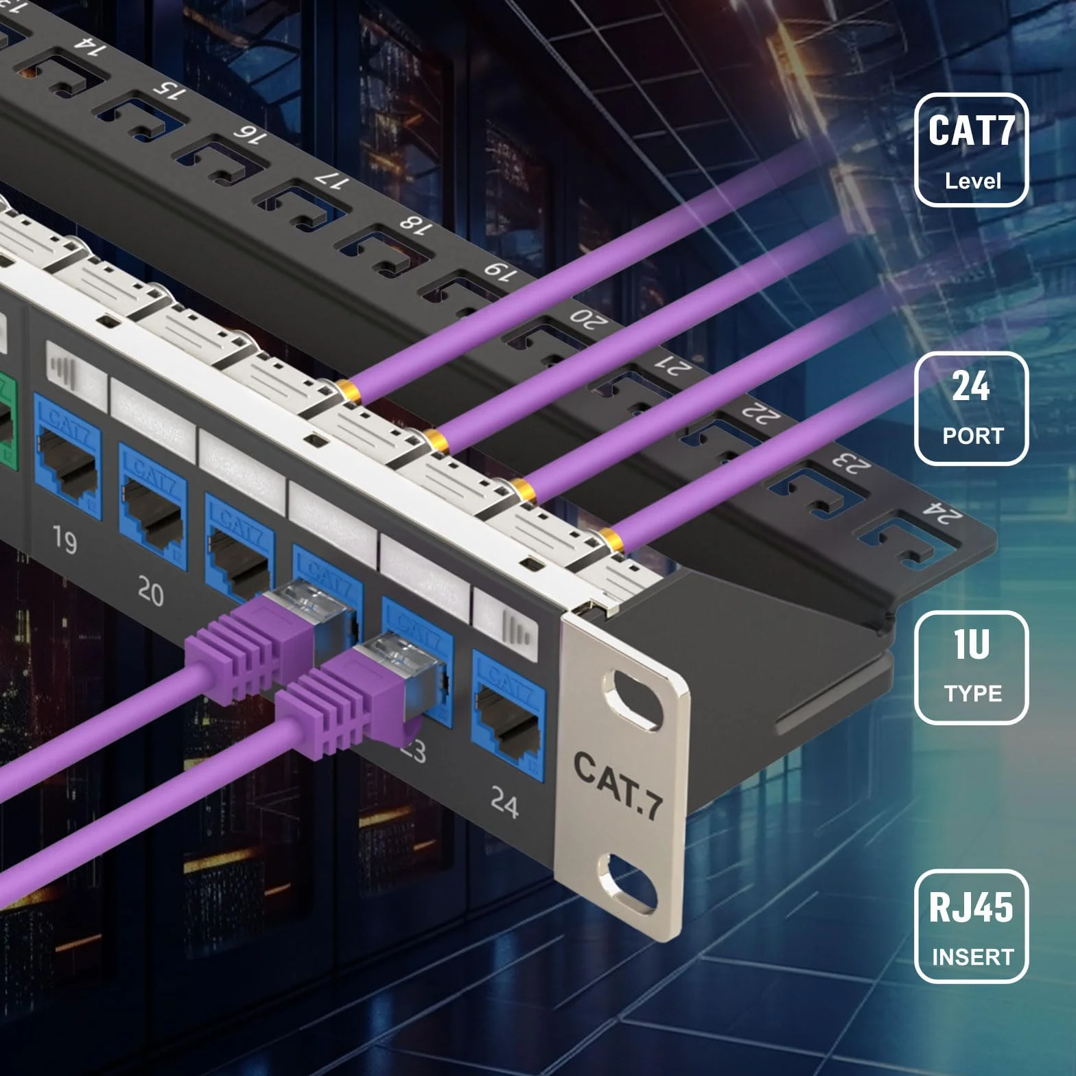 FGB Panel krosowy 24 porty CAT7 10 Gbps 19" RJ45 LAN 600 MHz