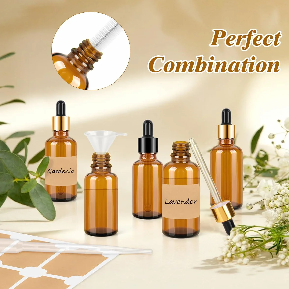 Szklane butelki z zakraplaczem, 30 ml/50 ml, butelka z zakraplaczem z lejkami, etykiety na pipetę, wielokrotnego użytku, bursztynowe szklane butelki na perfumy, olejki eteryczne, mieszanki