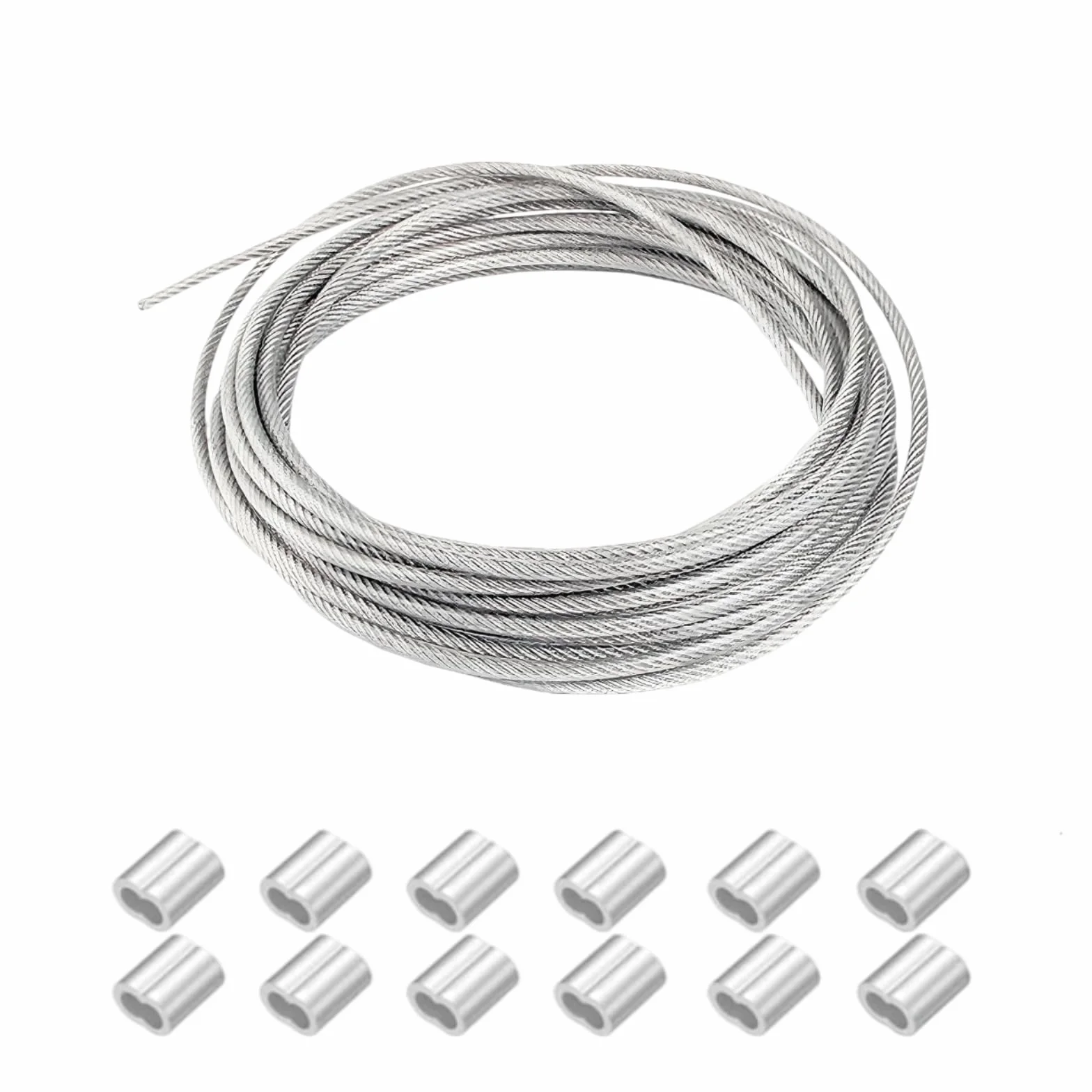 Stalowa Lina Nierdzewna Zestaw 7x7, 20m x 3mm Stalowy Kabel Powlekany, Kabel Bezpieczeństwa ze Stali Nierdzewnej, Drut ze Stali Nierdzewnej, z 12 SZT Tulejek Aluminiowych Podwójne Oczko 3mm