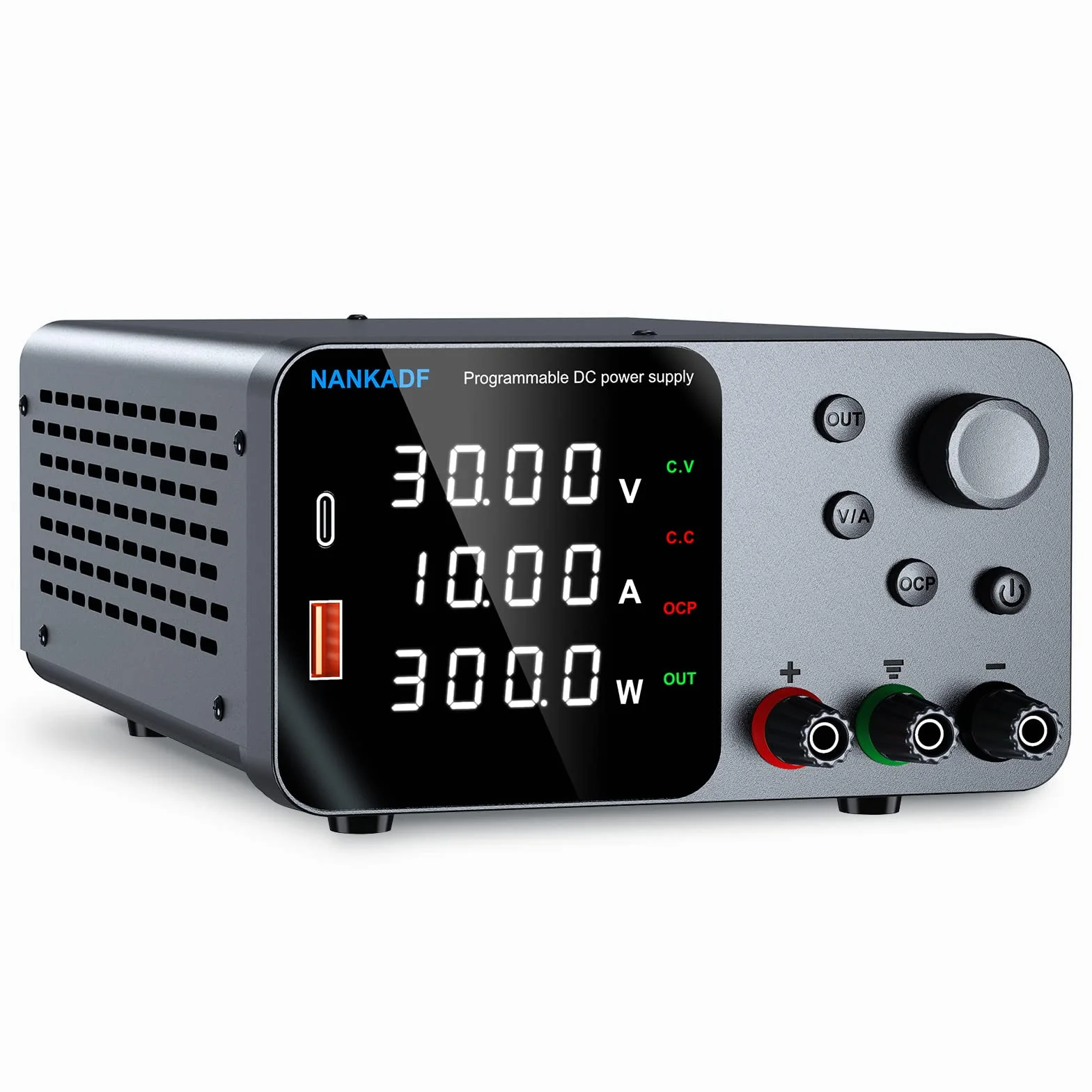 Regulowany zasilacz prądu stałego 30 V 10 A, laboratoryjny zasilacz stołowy z pokrętłem enkodera i interfejsem szybkiego ładowania USB-A/Type-C, 4-cyfrowy wyświetlacz LED wysokiej precyzji, regulowane