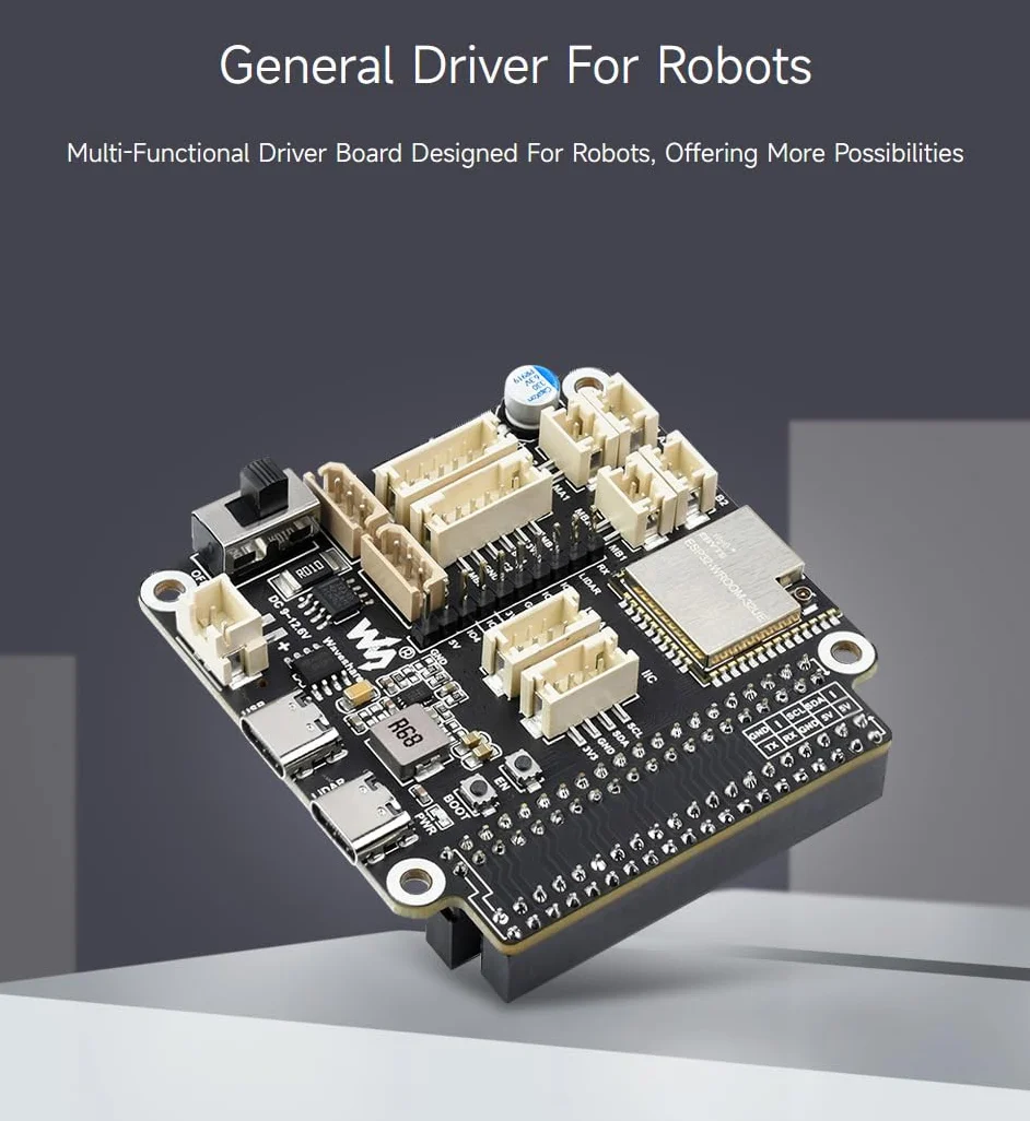 Waveshare General Driver Board for Robots, Multi-Function Expansion, WiFi/ESP-NOW, Compatible with Raspberry Pi, Jetson Nano, ESP32-WROOM-32, ESP32 Dev Board
