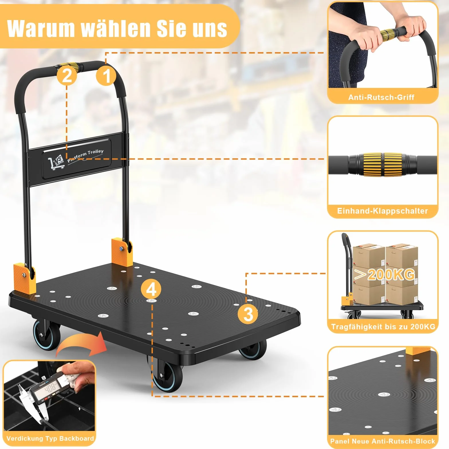 N&S Juvyig Wózek transportowy składany 200 kg platformowy cichy żółty mały