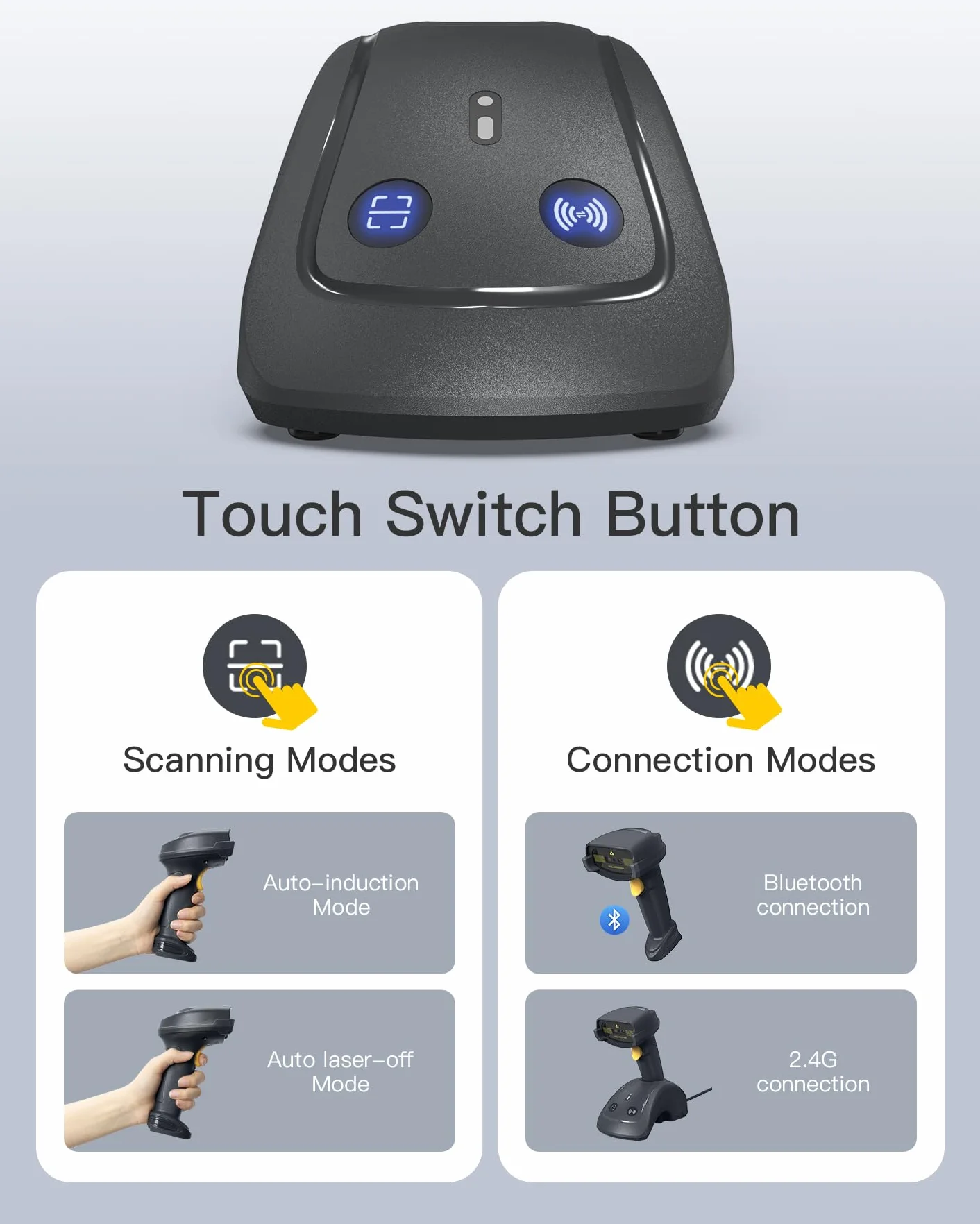 Inateck Skaner kodów kreskowych, bezprzewodowy skaner kodów QR z Smart Base, 1D/2D, Bluetooth/2.4G/USB 3 w 1, kompatybilny z systemem Windows/iOS/Android/Mac/Linux do handlu detalicznego/magazynu