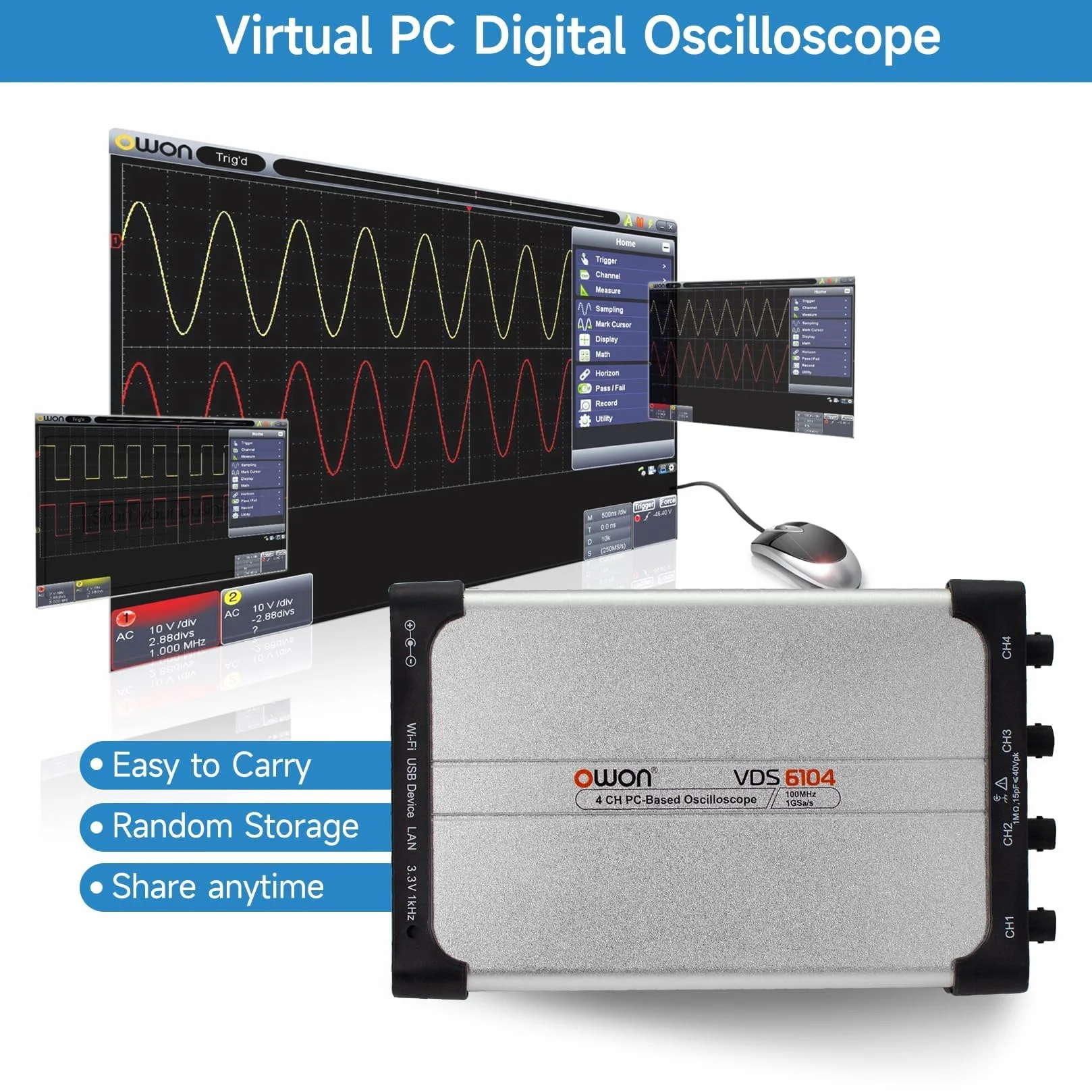 OWON VDS6104 wirtualny oscyloskop USB 4 kanały 100 MHz 1Gsa/s 8 bitów ADC przenośny cyfrowy oscyloskop PC