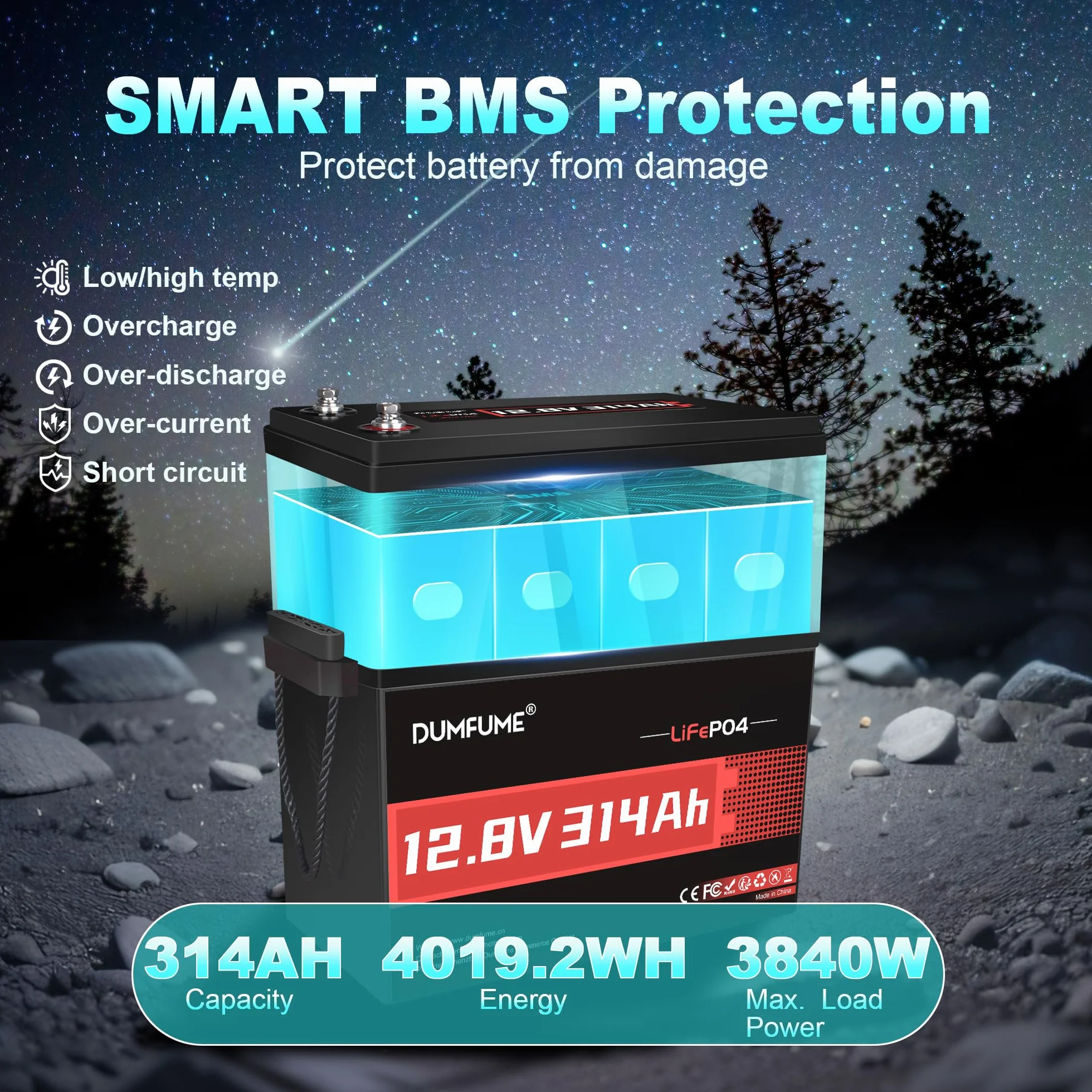 Bateria LiFePO4 12V 300Ah (314Ah) z BMS 200A 4019Wh 4000+ Cykli Akumulator Litowy do Kamperów Fotowoltaiki Off-Grid