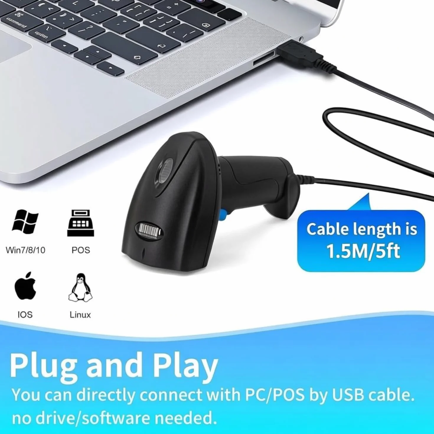 Skaner kodów kreskowych USB 1D przewodowy czytnik kodów kreskowych CCD obsługuje skanery kodów kreskowych do sklepu, supermarketu, magazynu (U1)