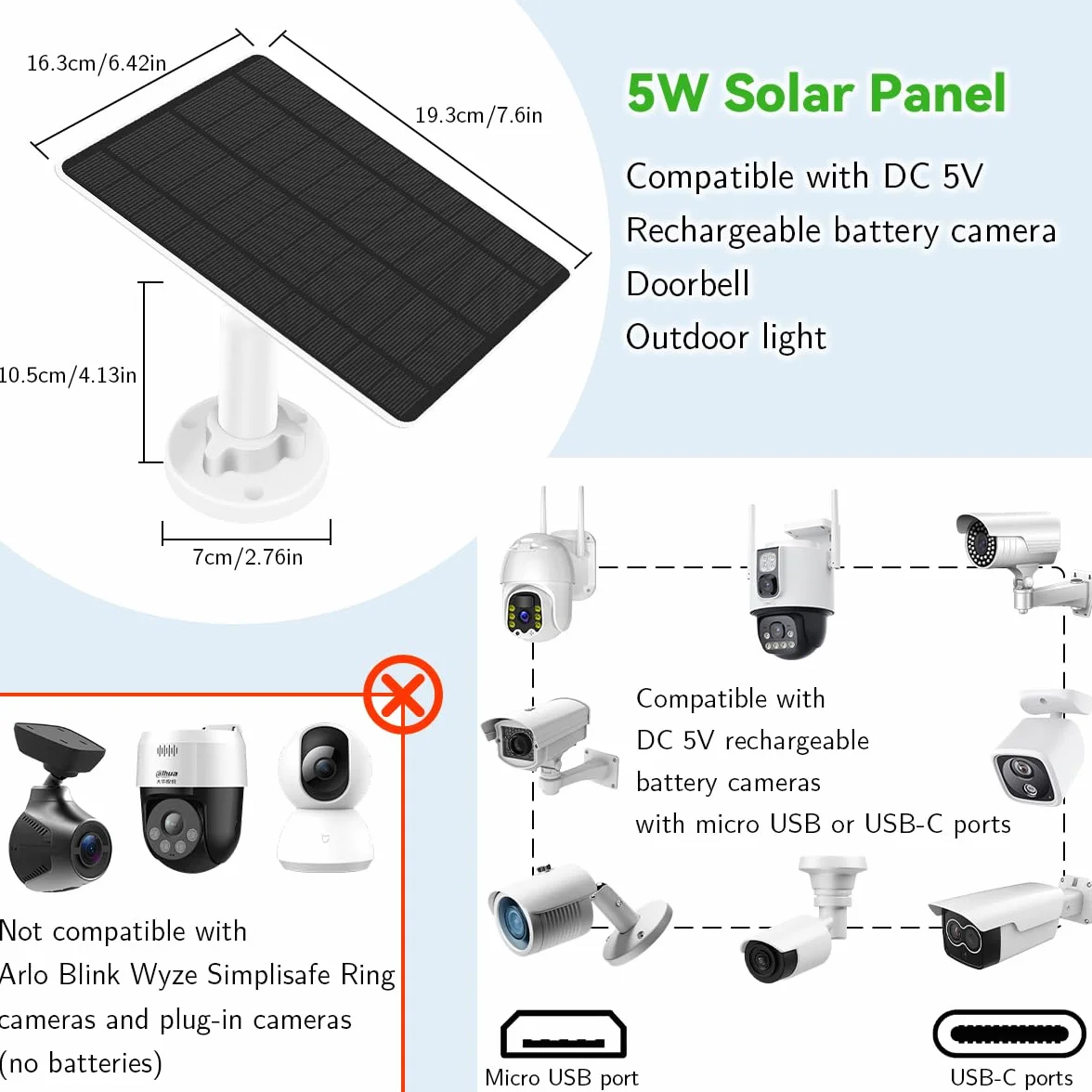 Security panel słoneczny (5 W), kompatybilny z EufyCam, panel słoneczny 5 V ze złączem USB-C, adapter micro USB, IP65, odporny na warunki atmosferyczne, do monitorowania zewnętrznego i ładowania