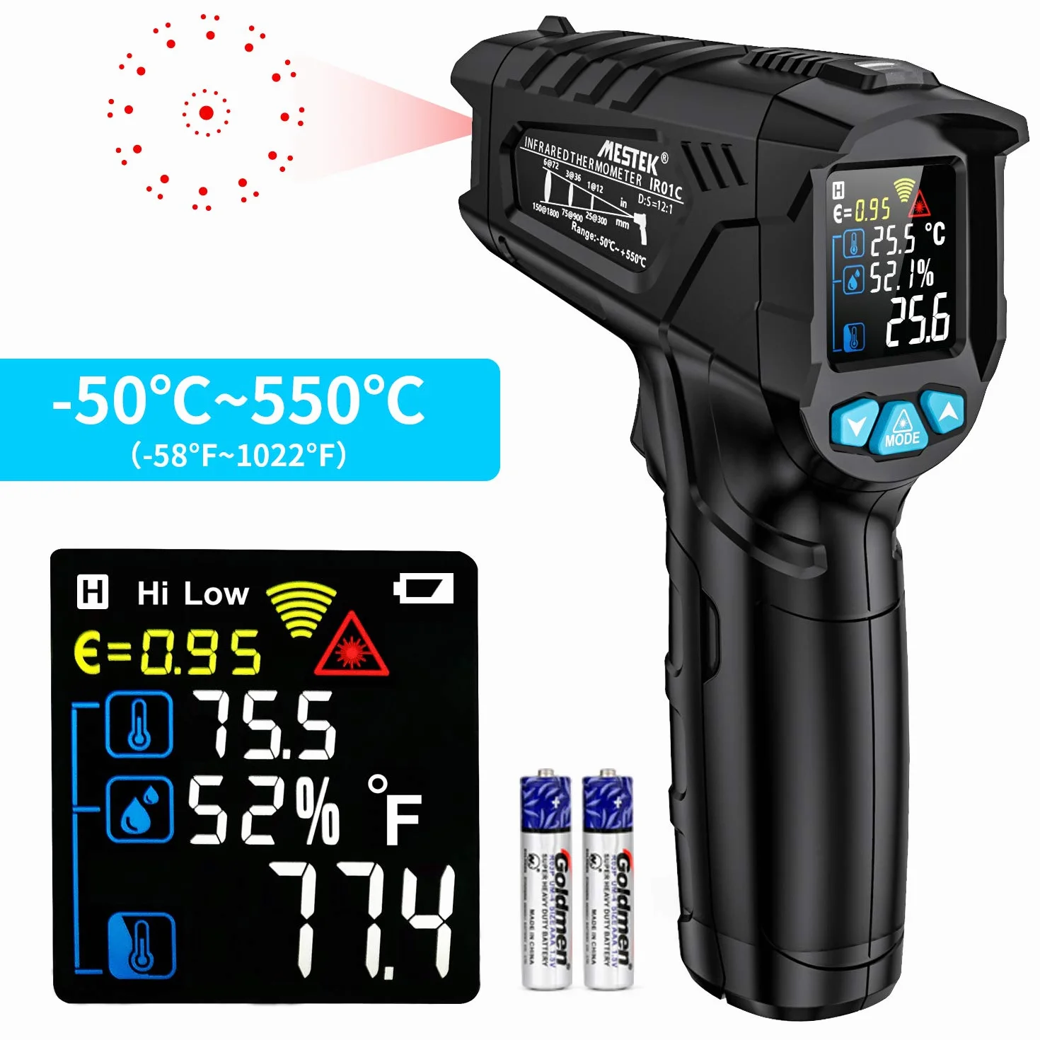 Termometr Na Podczerwień IR Pirometr Laserowy Termometr Cyfrowy Pistolet MESTEK -50°C do 550°C Bezdotykowy z Funkcją Alarmu LCD Wilgotność Otoczenia Regulowana emisyjność Gotowanie Powietrze Lodówka