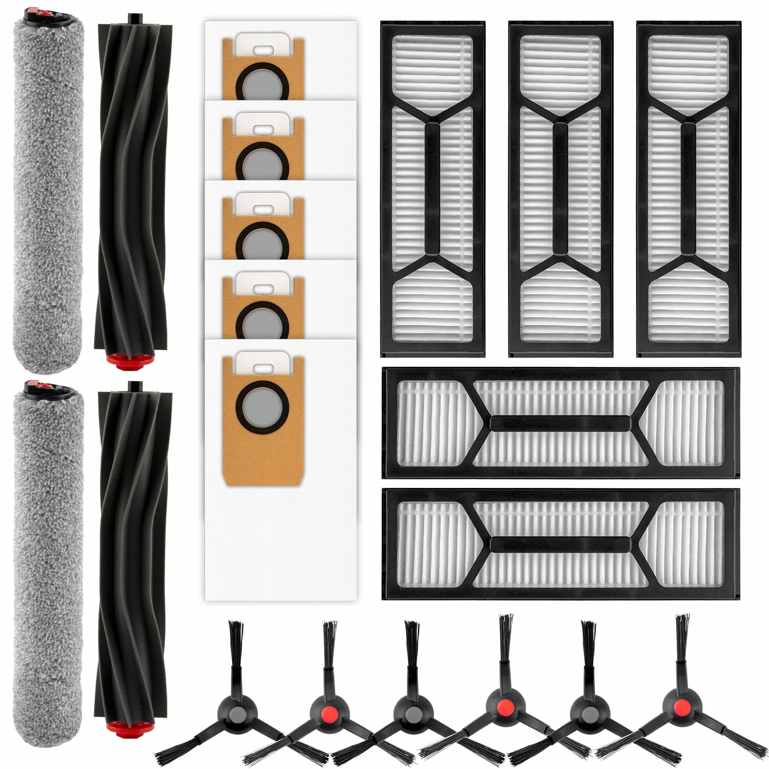 (20 sztuk) Omni S1 Pro części zastępcze kompatybilne z eufy Omni S1 Pro Robot Cleankus, zestaw akcesoriów, 2 gumowe szczotki wałkowe, 2 mopy wałkowe, 6 bocznych szczotek, 5 torb na kurz, 5 filtrów