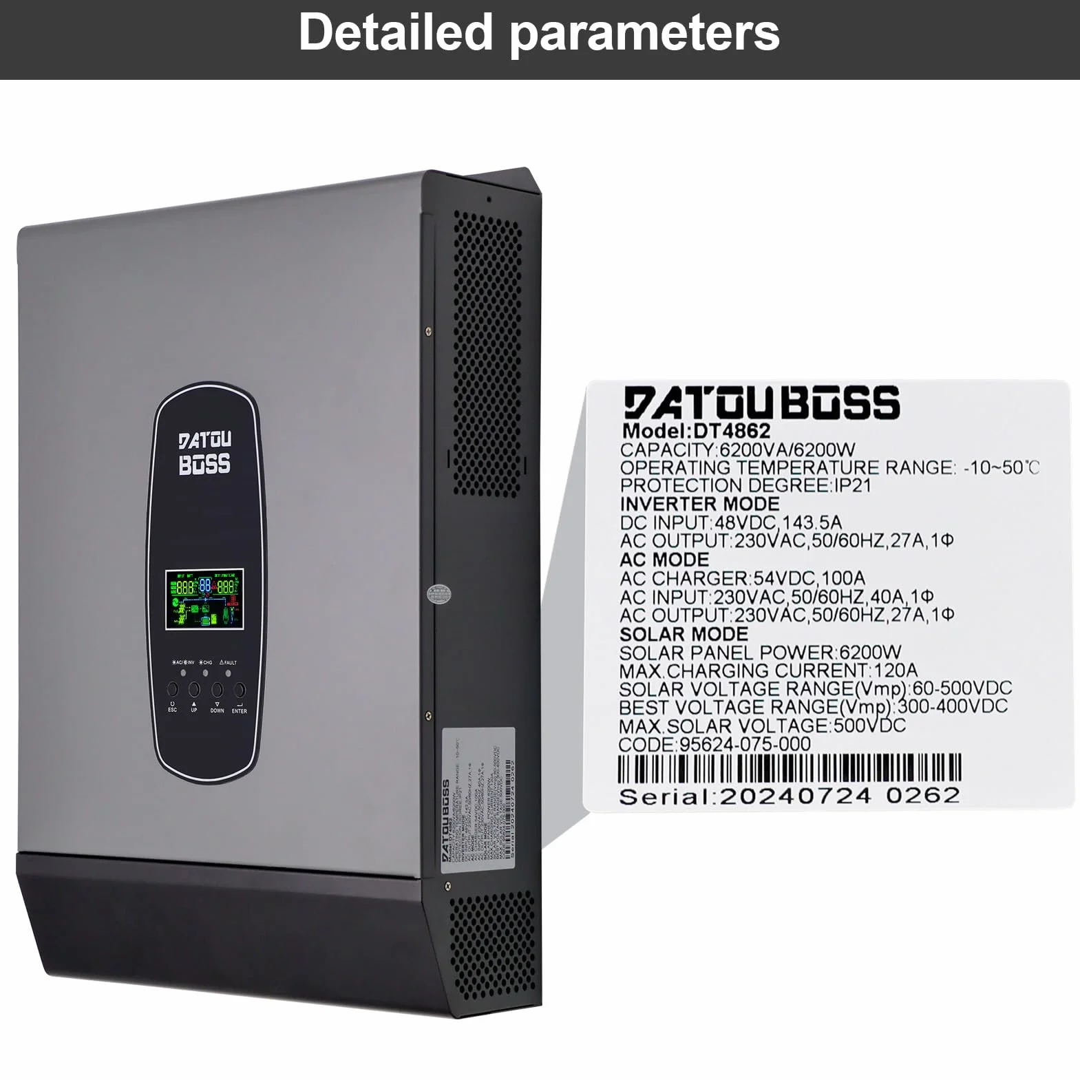 DATOUBOSS 6200 W hybrydowy falownik 48 V DC do 220/230 V, czysta fala sinusoidalna, MPPT 120 A
