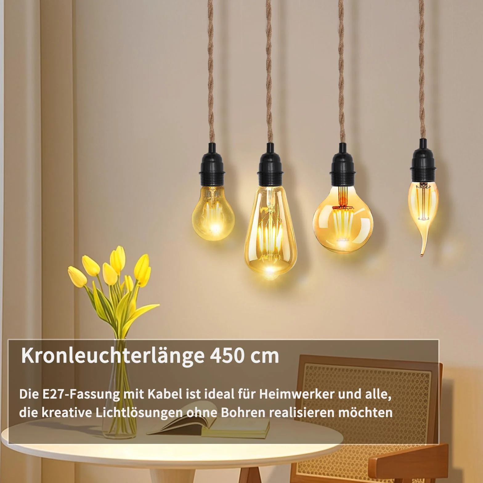 LOANLIUT oprawa lampy E27 z kablem 4,5 m, z woreczkiem śrubowym i hakiem bakelitowym, oprawa lampy z liny konopnej w stylu vintage z kablem i wtyczką, DIY oprawa E27 do salonu, kuchni, baru, odporna