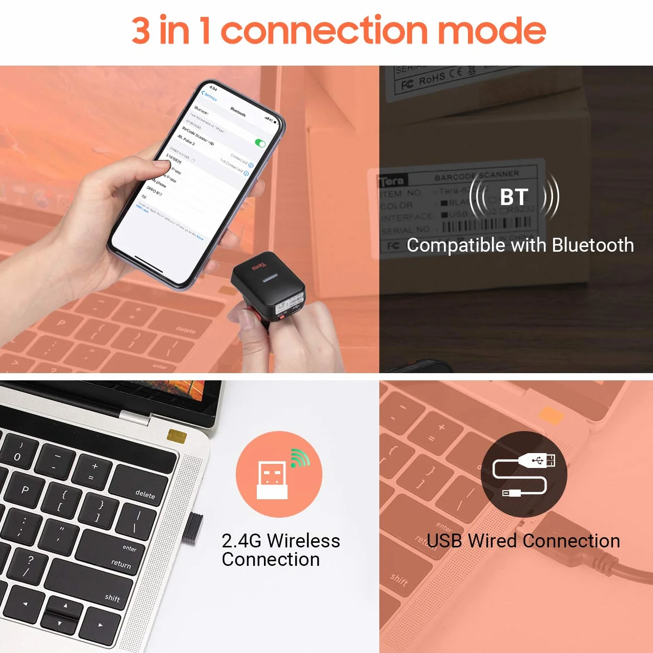 Tera Pro Series Mini CMOS Ring skaner kodów kreskowych 1D 2D QR bezprzewodowy Bluetooth 2.4G USB 2.0 przenośny HW0010