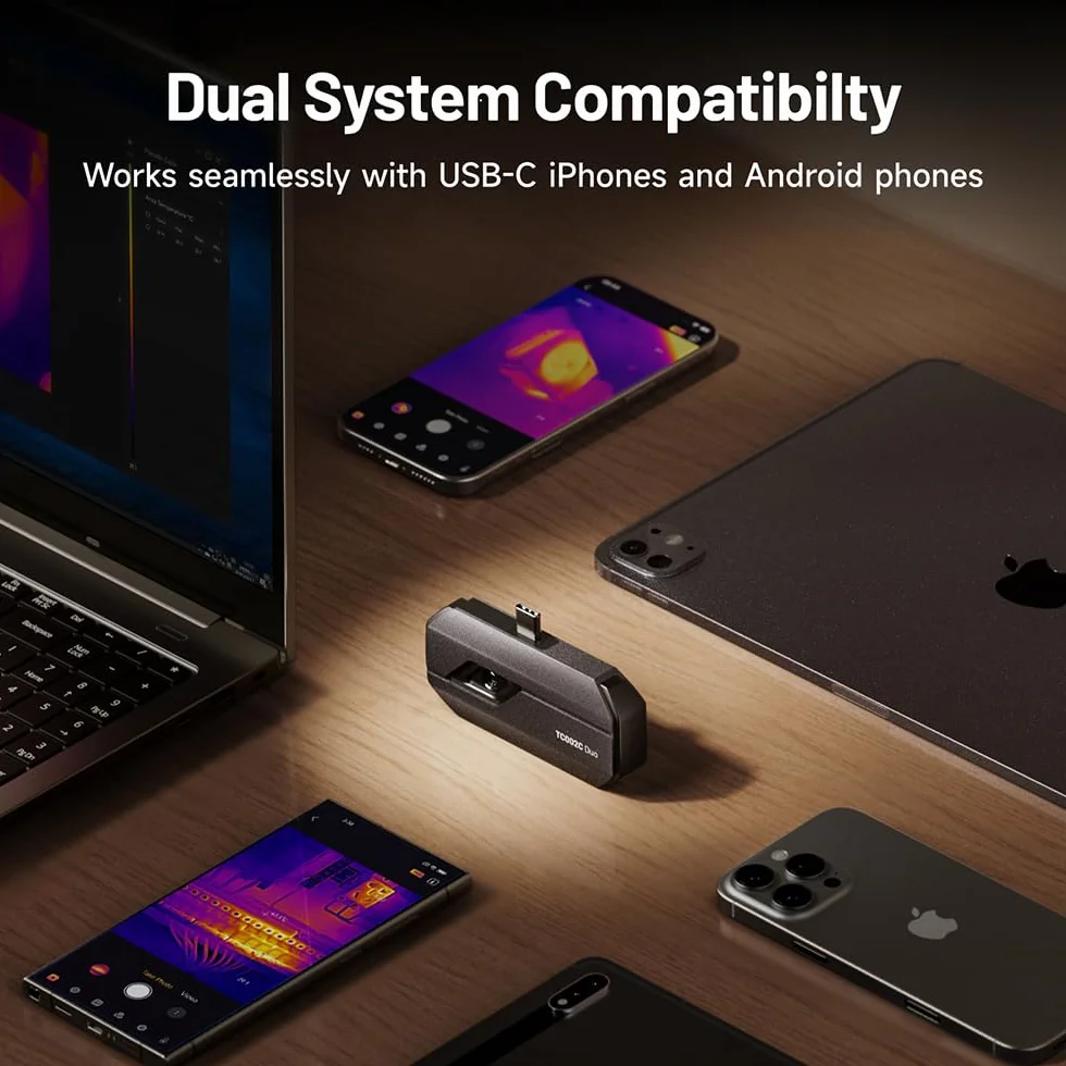 TOPDON TC002C Duo kamera termowizyjna dla Androida, iPhone i iOS, 512 × 384 TISR, super rozdzielczość, kamera na podczerwień USB-C, 25 Hz, 40 mK, -20℃ do 550°C, do kontroli budynków i pojazdów
