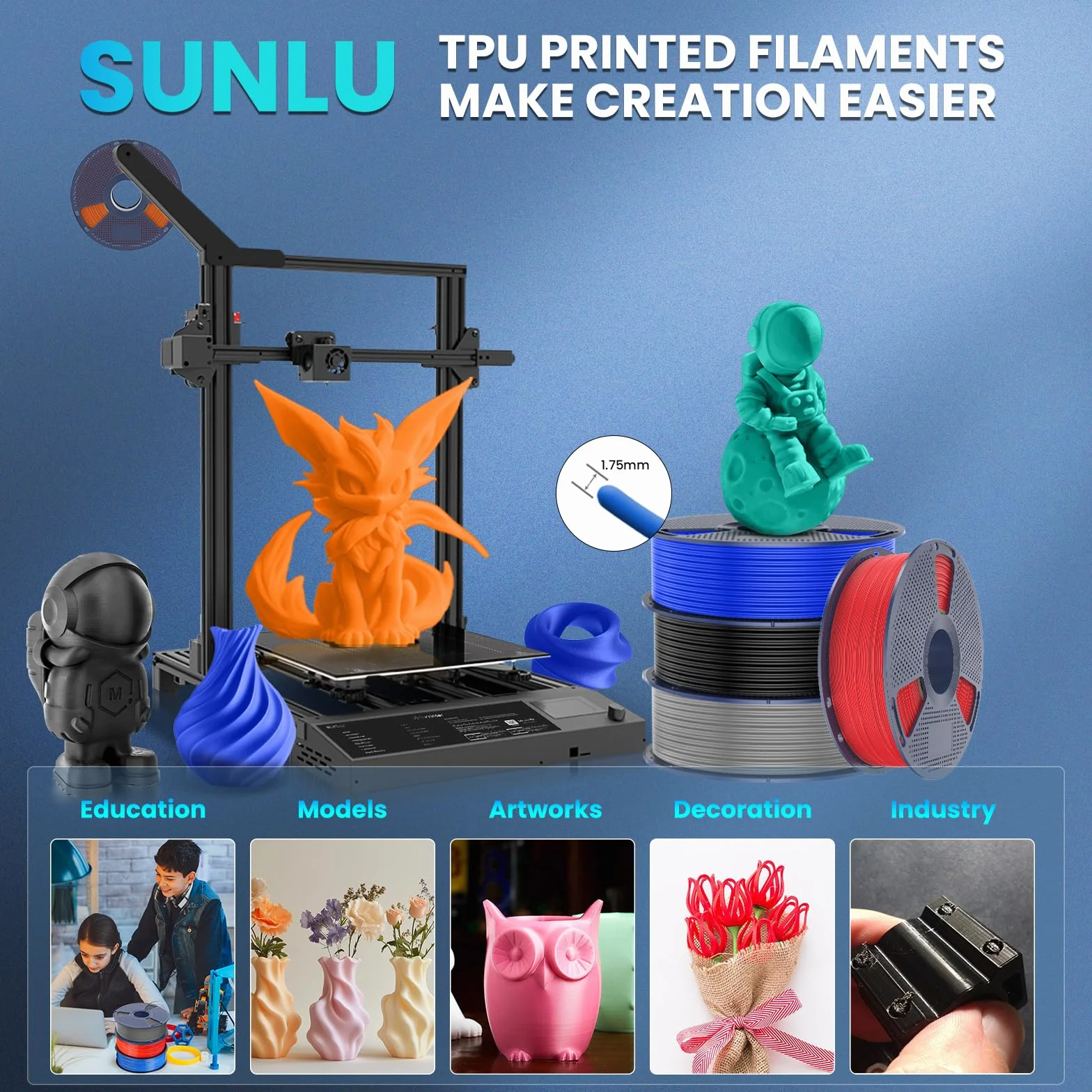 SUNLU TPU 3D Printer Filament 1,75mm 95A 1KG elastyczny dokładność wymiarowa +/- 0,03 mm Zielony