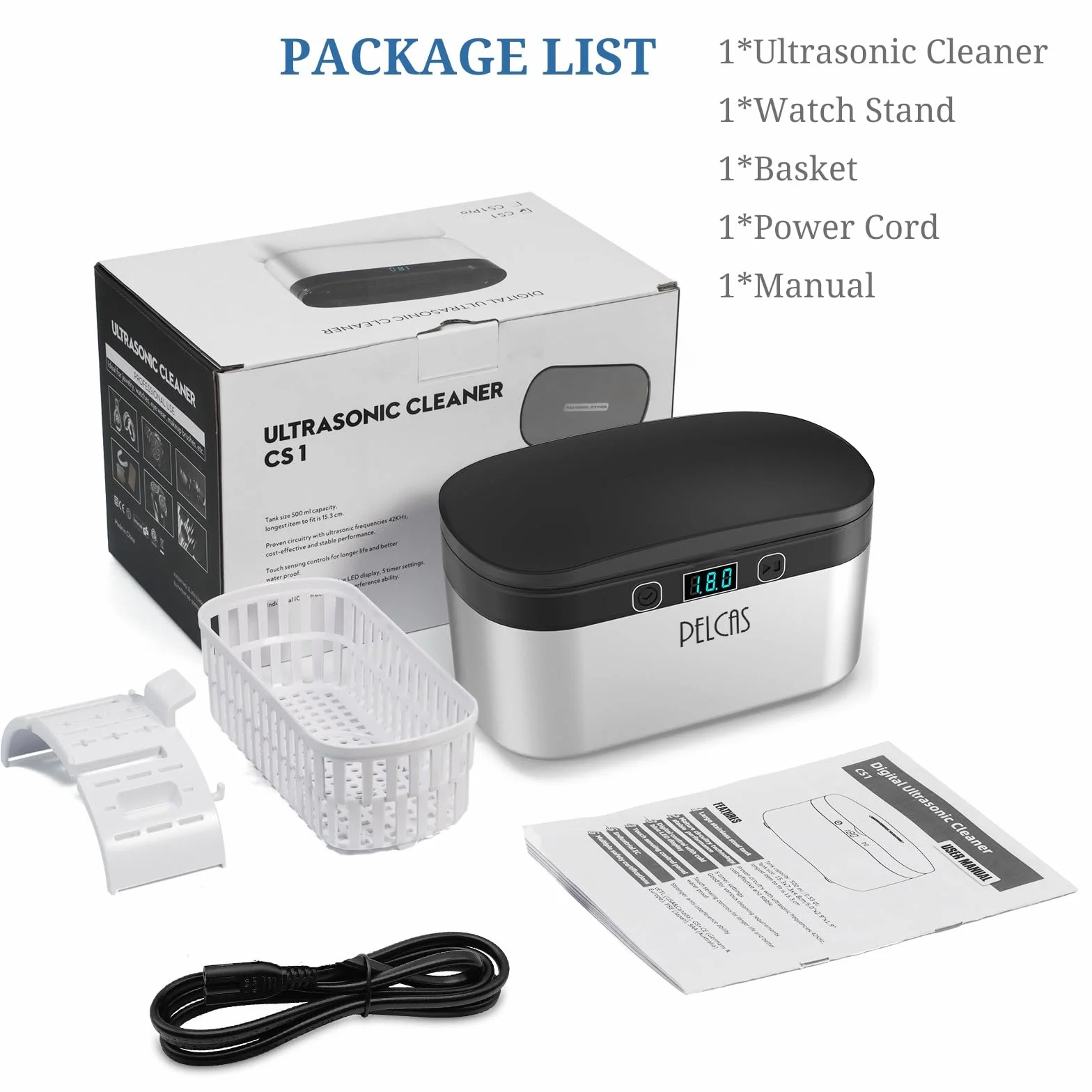 PELCAS Ultrasonic Cleaner 500 ml - Ulepszenie Urządzenie Ultradźwiękowe 45KHz Ekran Dotykowy Ultrasonic Cleaner z 5 Ustawieniami Czasu 38W Ultrasonic Bath do Makijażu Szczotki Zegarki do Okularów