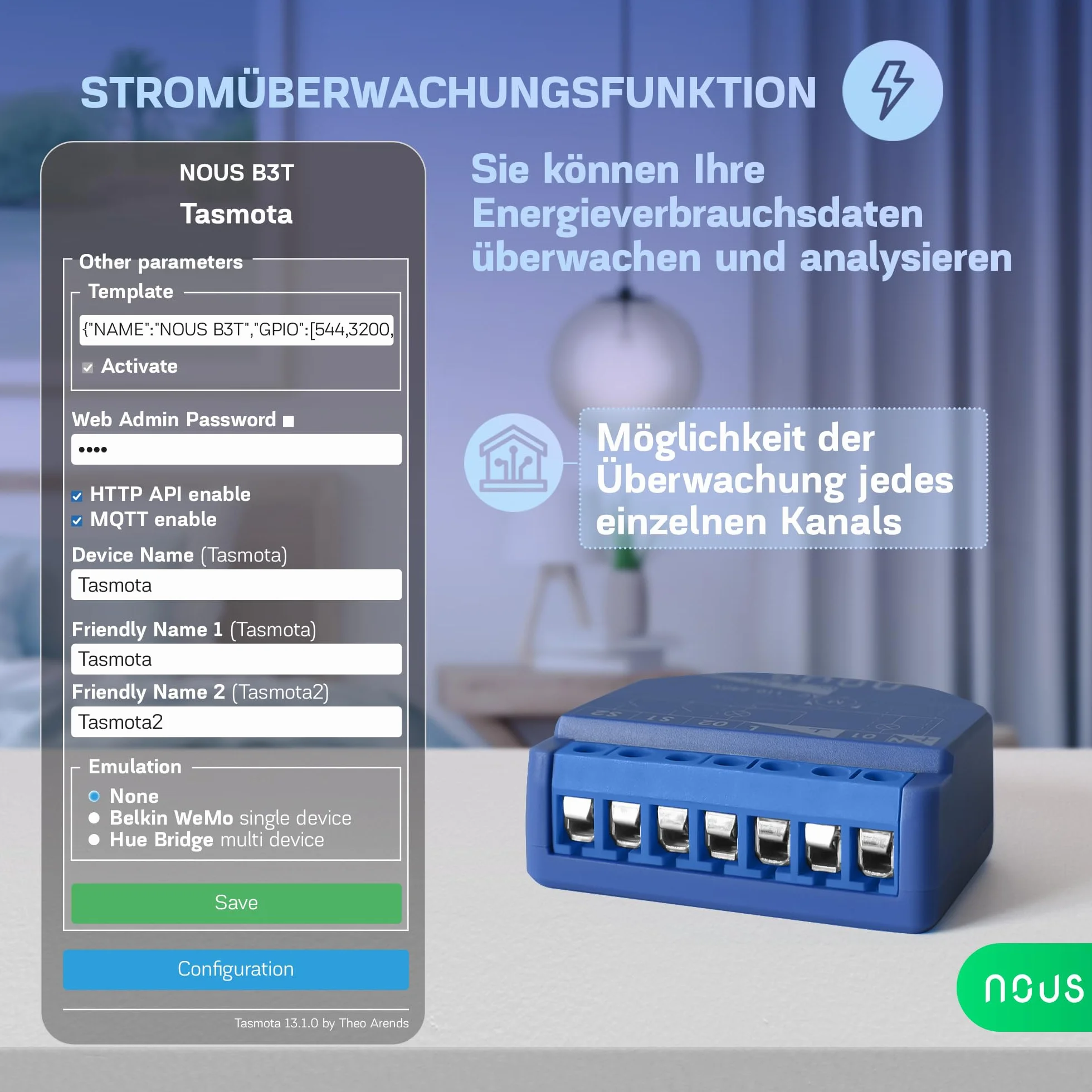 NOUS Moduł przełączający WiFi Tasmota 16A 2 kanały z pomiarem mocy ESP32 czujnik temperatury Matter MQTT