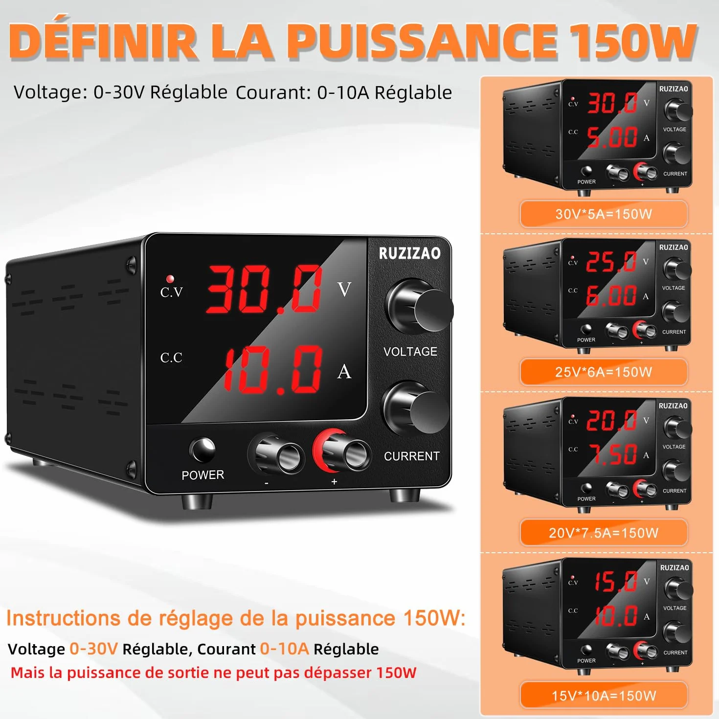 Zasilacz laboratoryjny 30V 10A 150W, regulowany zasilacz DC Mini wyświetlacz LED 3 cyfrowy pokrętło enkoder