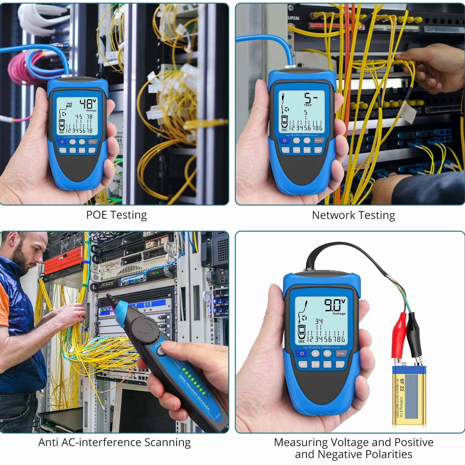 Tester kabli sieciowych POE/RJ45, wielofunkcyjny tester sieci z LCD, kablem CAT5/CAT5e/CAT6/Cat7/Cat8, detektorem zwarcia, krzyżowym i przerwanym