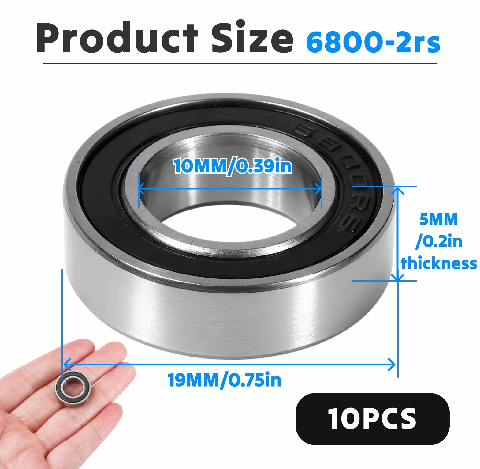 10 sztuk 6800 2RS łożyska kulkowe 10 x 19 x 5 mm, 6800-2RS 6800RS uszczelnione ze stali węglowej do maszyn i narzędzi (6800RS 10 szt.)