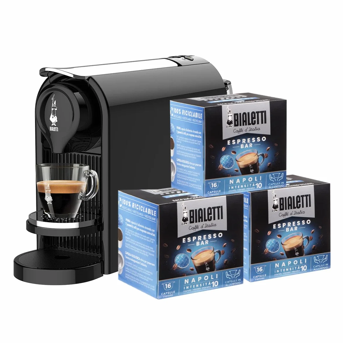 Bialetti Gioia Plus, aluminiowa ekspres do kawy do kapsułek, w zestawie 48 kapsułek, czarny