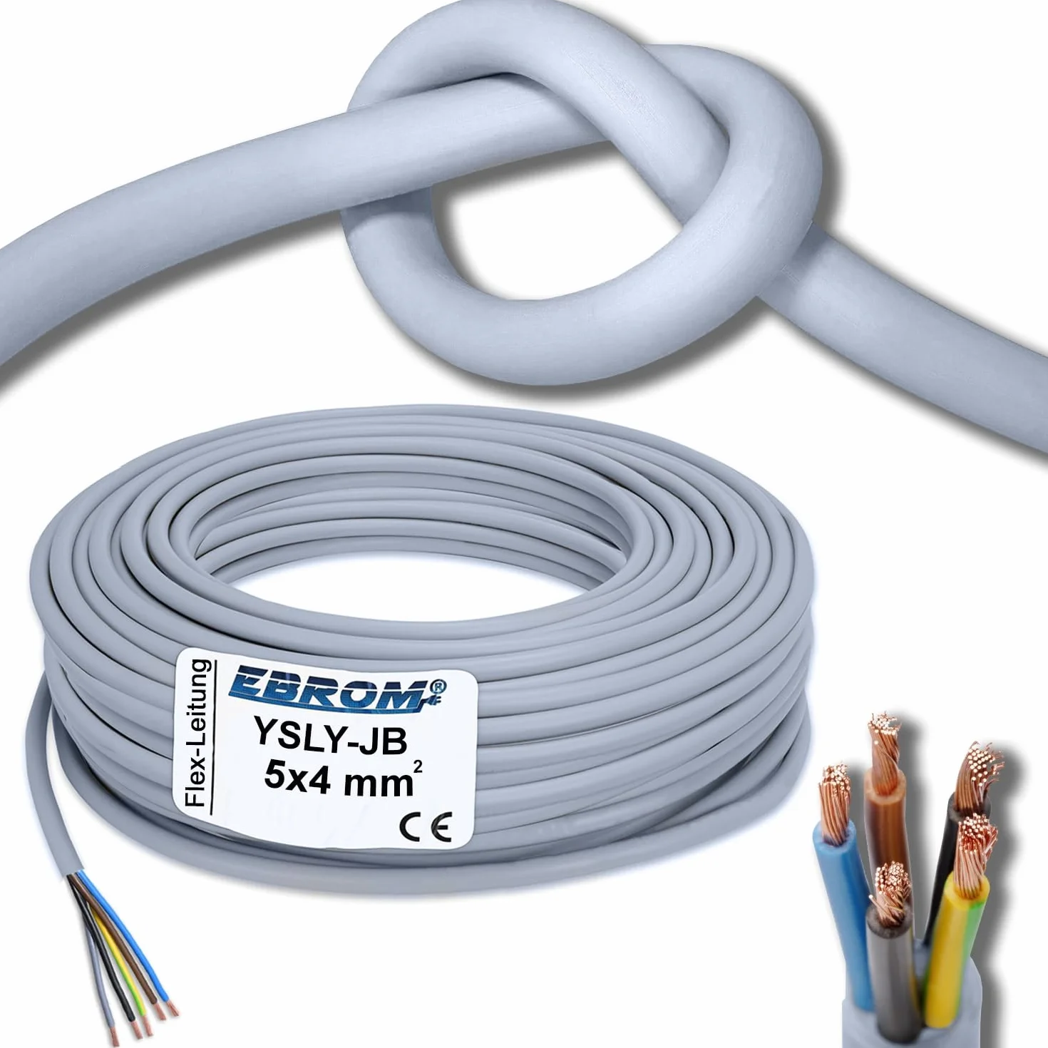 Elastyczny kabel YSLY-JB 5 x 4 mm² szary do stacji ładującej na ścianie, gniazdo ładowarki do samochodu elektrycznego, przyłącze do stacji ładującej, 5 x 4 mm2, z dokładnością do metra, w odstępach co