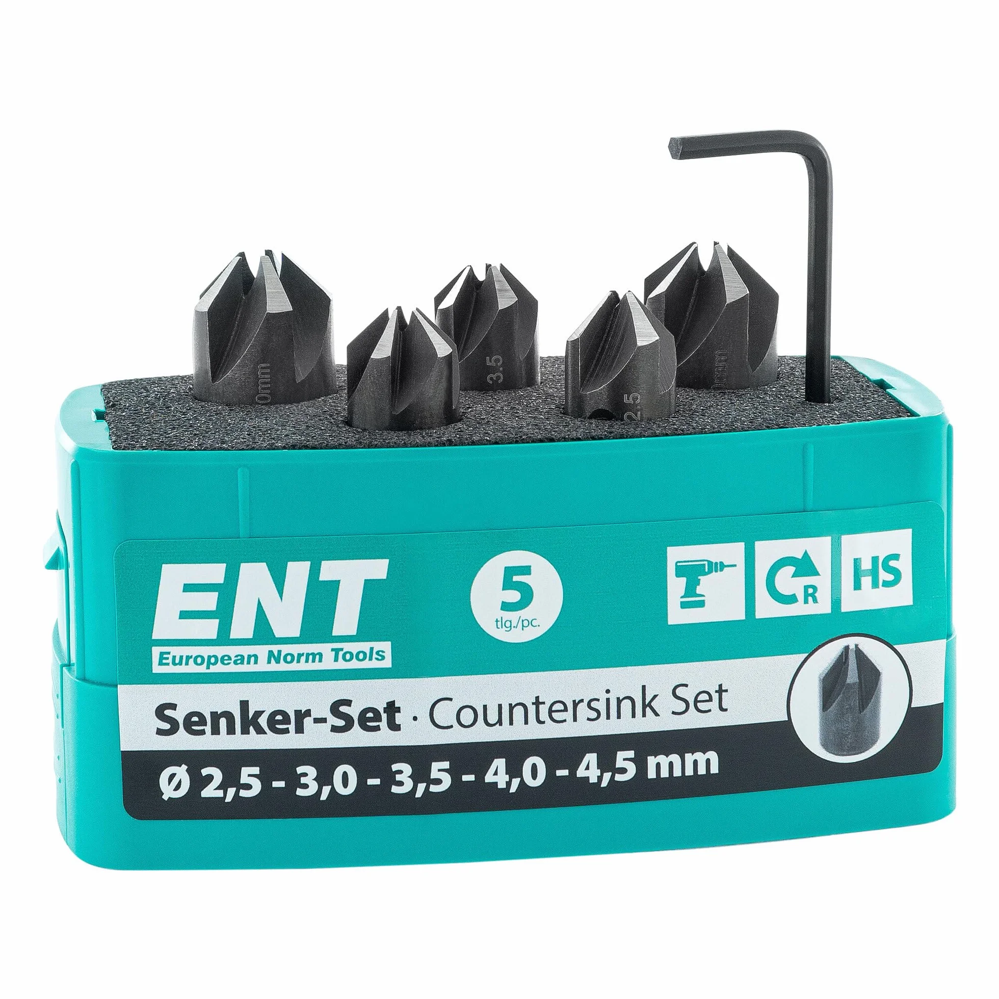 ENT 26518 5-elem. Zestaw Poglebiaczy Nasadzanych HSS, Srednice (d) 2,5-4 i 4,5 mm, E 90°, Prawe