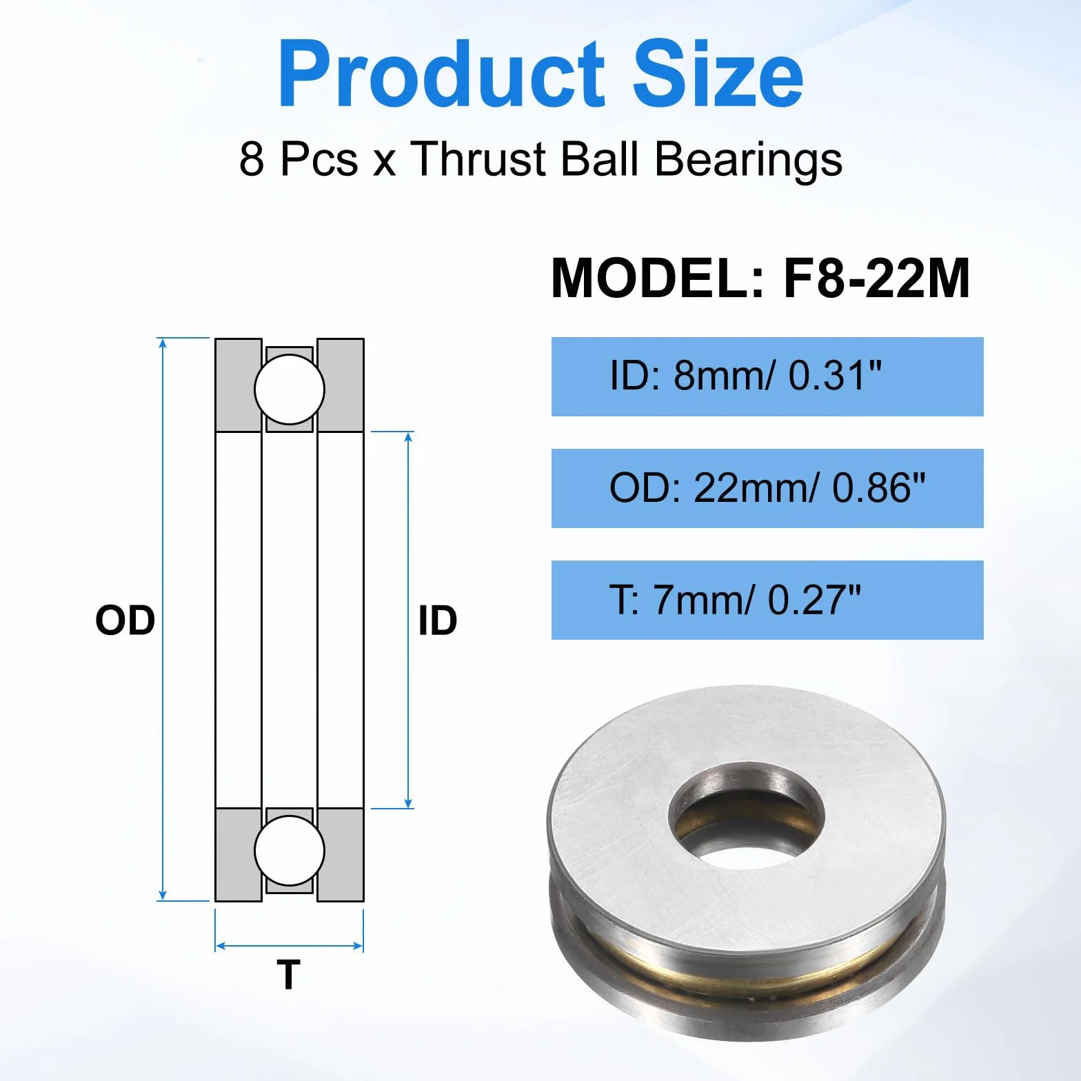 QUARKZMAN 8 sztuk F8-22M osiowe łożyska kulkowe toczne, 8 mm x 22 mm x 7 mm, miniaturowe łożyska osiowe z podkładkami ze stali chromowanej, jednostronne do przenośników i narzędzi maszynowych