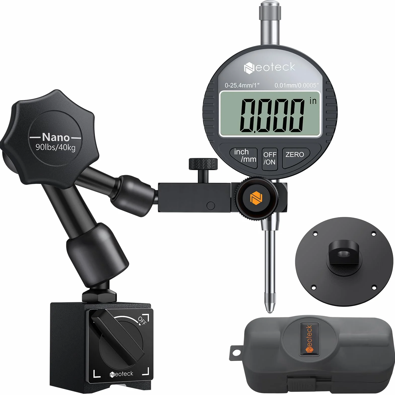 Neoteck Zegar pomiarowy i stopka magnetyczna 25,4 mm, zestaw cyfrowych zegarów pomiarowych (0,0005"/0,01 mm) z walizką do przechowywania, narzędzie pomiarowe, elektroniczny zegar pomiarowy do