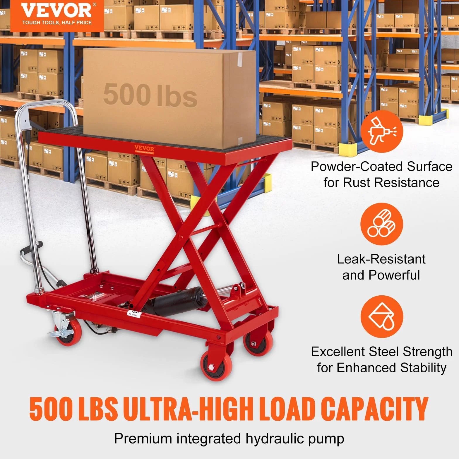 VEVOR Hydrauliczny wózek podnoszący 230 kg, ręczny wózek widłowy, wysokość podnoszenia 720 mm, 4 koła, czerwony