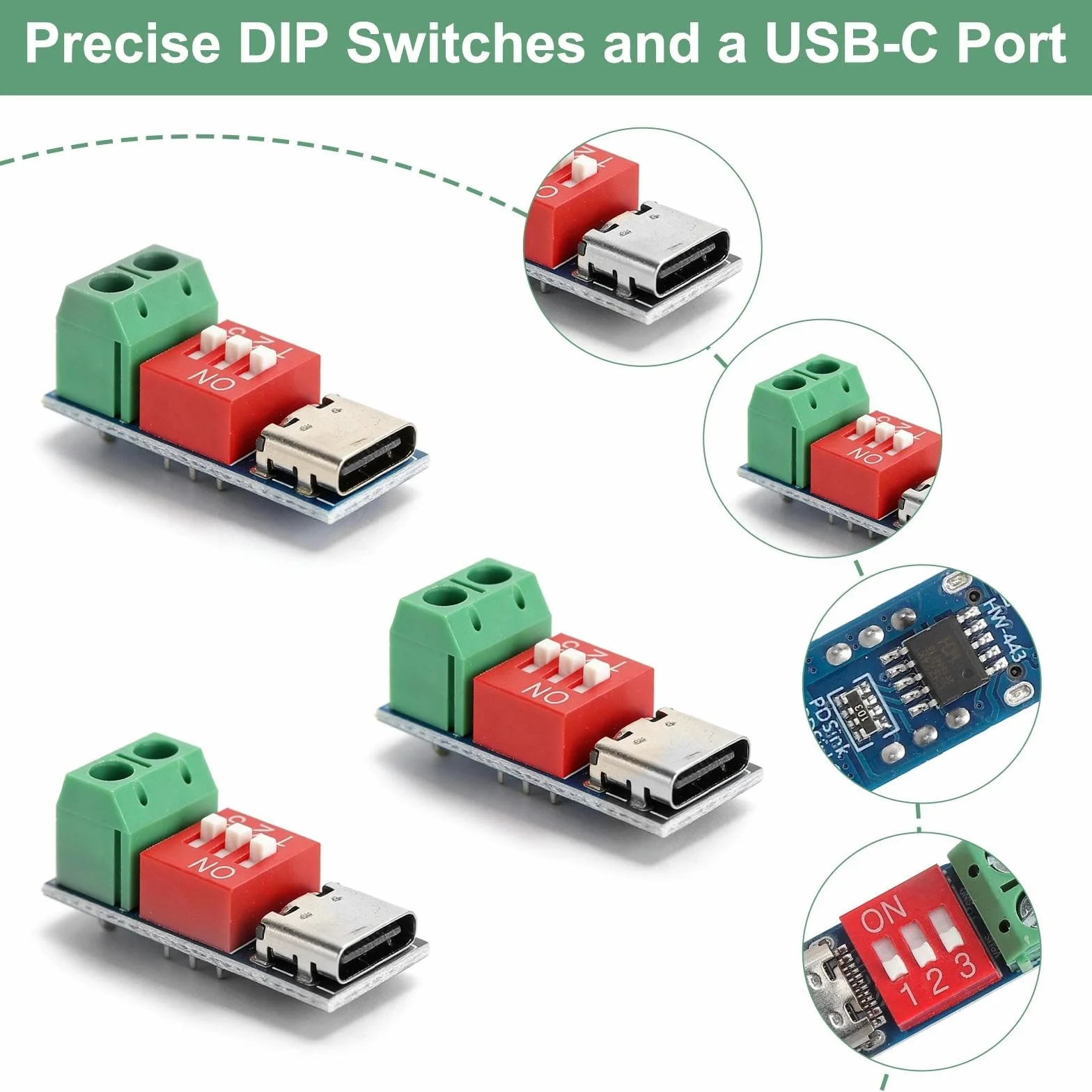 TNSLAND 5 sztuk modułów USB C PD Trigger Board PD/QC Decoy Board szybkie ładowanie z przełącznikiem DIP do 5 V/9 V/12 V/15 V/20 V Power Delivery Boost moduł do testów elektronicznych, "zrób to sam"