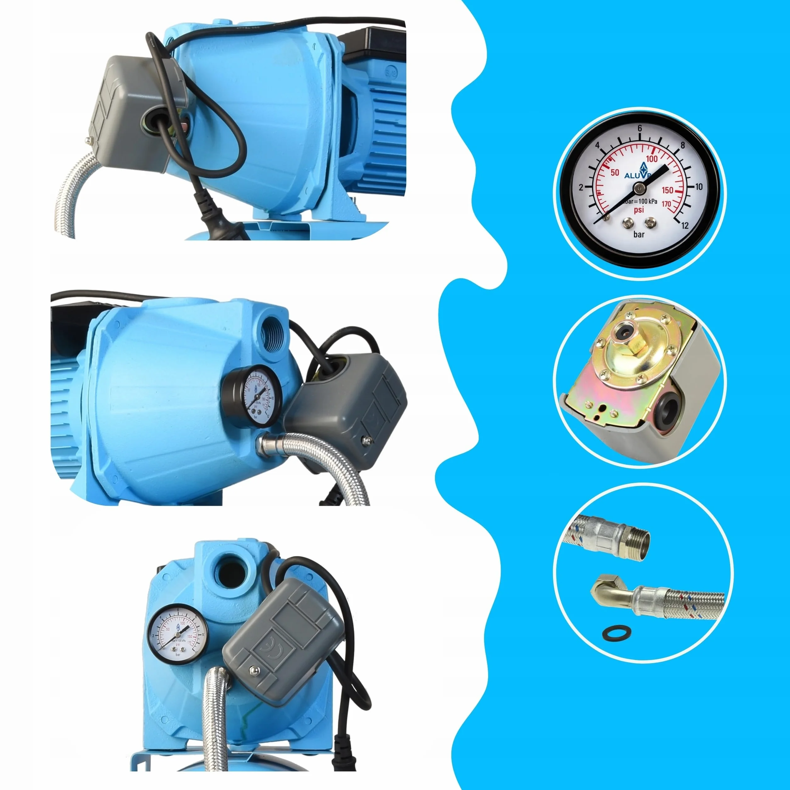 Hydrofor do Wody 24L ZESTAW HYDROFOROWY Pompa Hydroforowa SET 100S (750 W, 3000 l/h, max. podnoszenie 42 m) Zbiornik Przeponowy 24 Litry Osprzęt MOCNY WYDAJNY KOMPLETNY