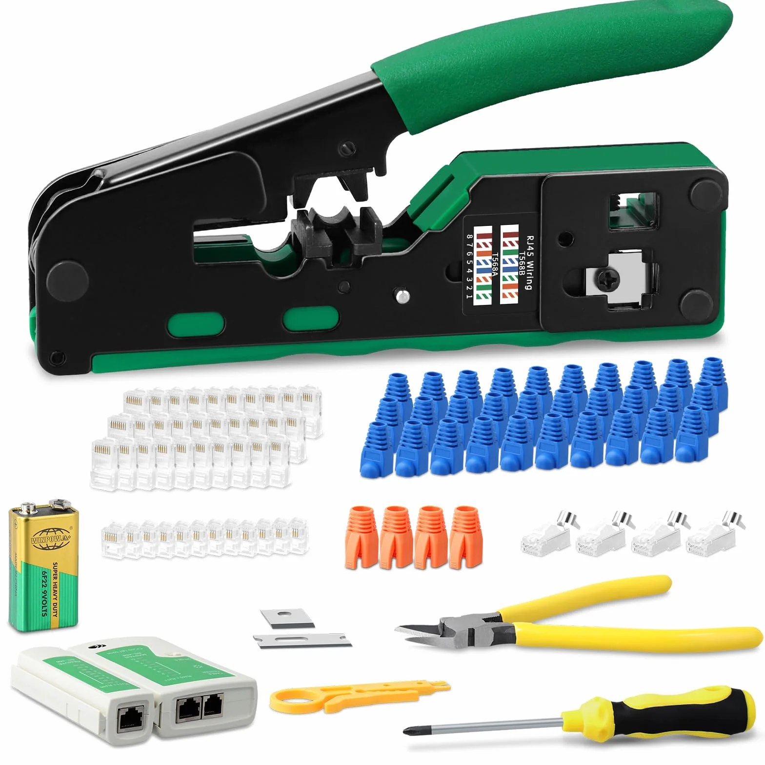 Zestaw szczypiec do zaciskania rj45, zestaw narzędzi sieciowych z 4 wtyczkami Cat7/6a, 30 x wtykami CAT.5/5e/6, 10 wtyczkami 6P6C, narzędzia naprawcze z testerem