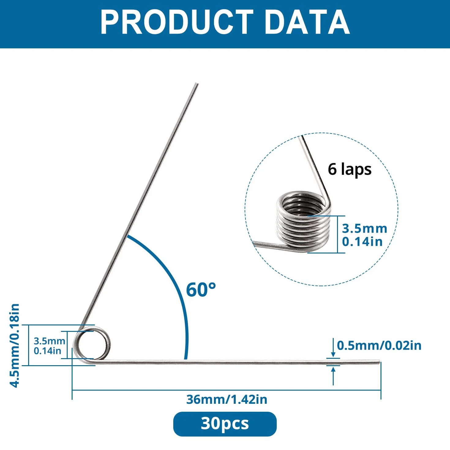 Sprężyny Skrętne ze Stali Nierdzewnej 0.5x4.5 mm 60° Prosta 30 Sztuk