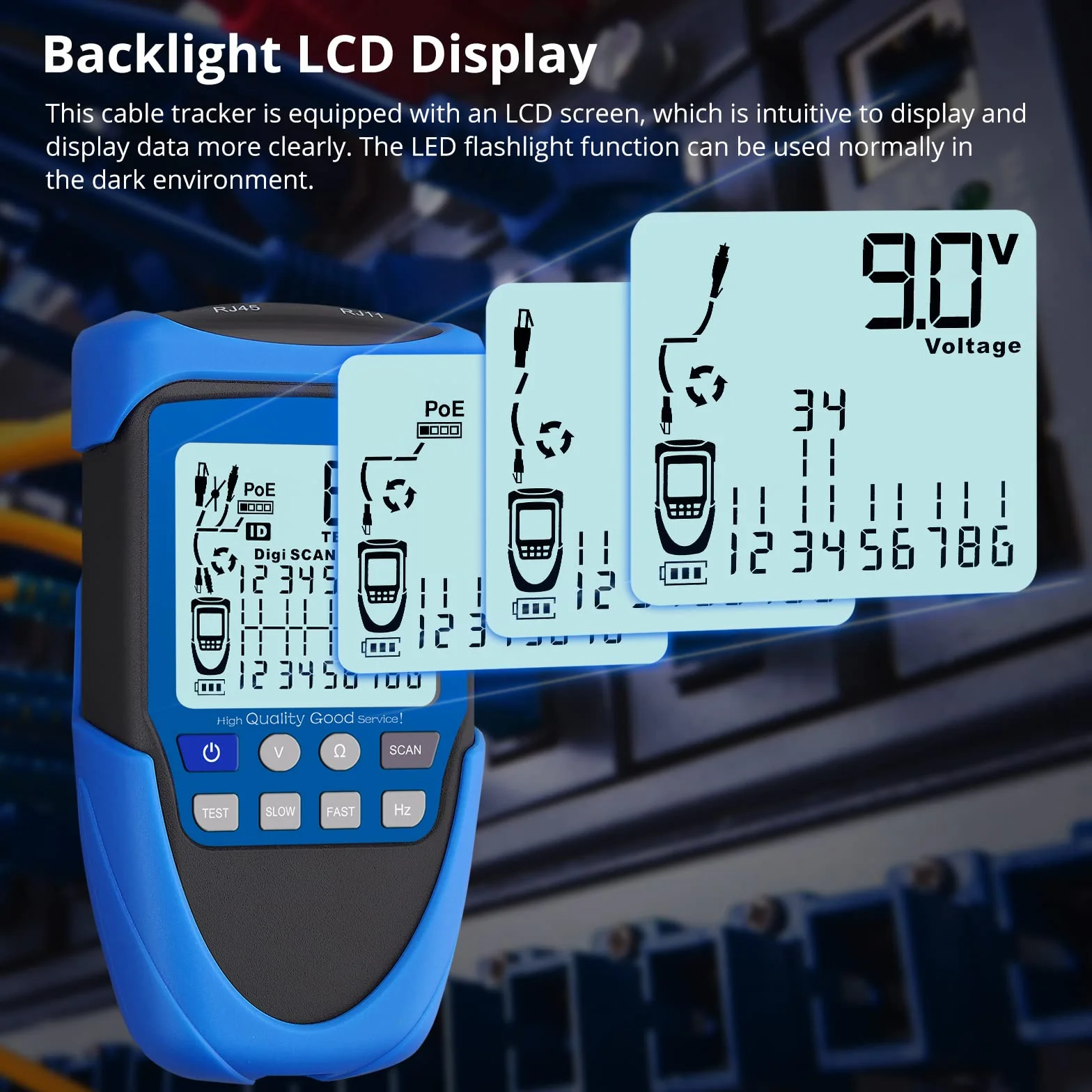 Tester kabli sieciowych POE/RJ45, wielofunkcyjny tester sieci z LCD, kablem CAT5/CAT5e/CAT6/Cat7/Cat8, detektorem zwarcia, krzyżowym i przerwanym