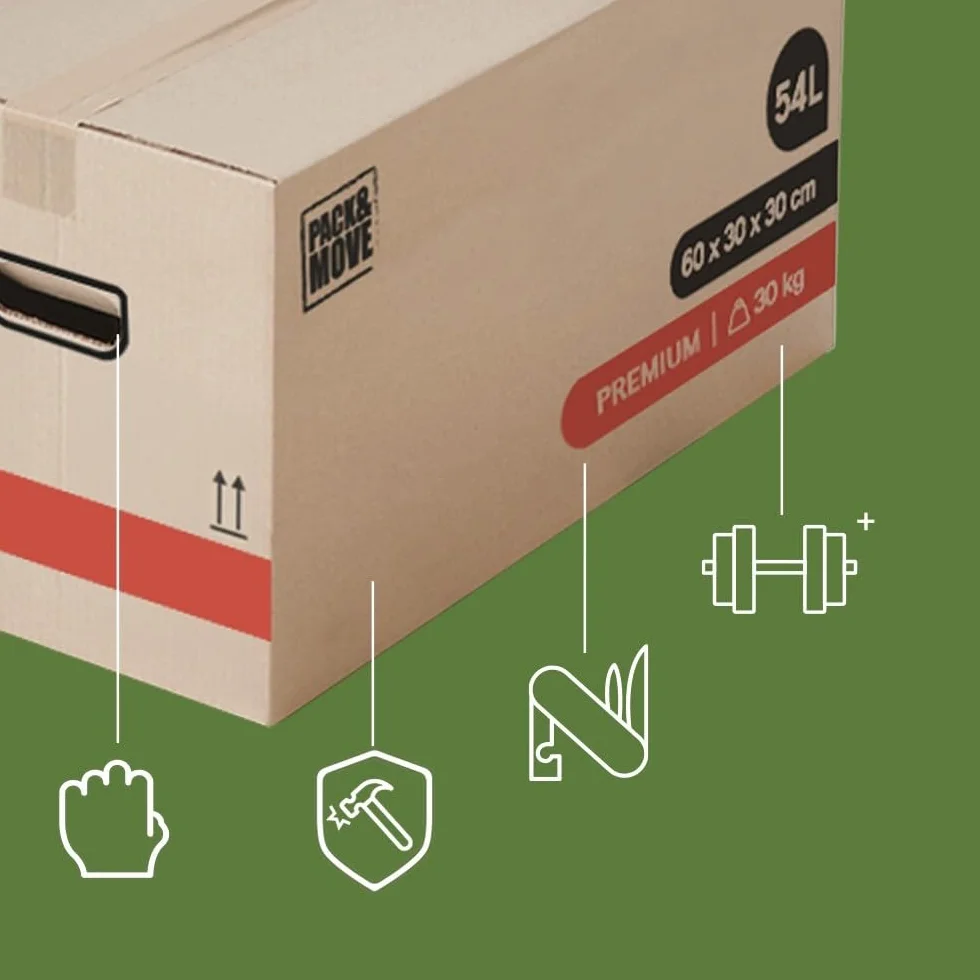 Pack and Move - Zestaw 30 kartonów przeprowadzkowych premium - 60 x 30 x 30 - ekstremalna wytrzymałość 30 kg - wielokrotnego użytku - wzmocnione uchwyty - 2 naklejki w zestawie