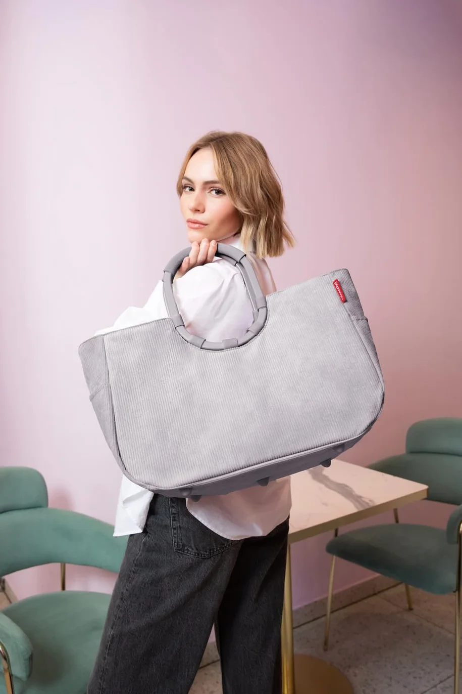 reisenthel loopshopper L – stabilna torba z praktycznymi przegródkami z butelek PET pochodzących z recyklingu – czarujący i wodoodporny design złoty, Sztruks szary, L, casual
