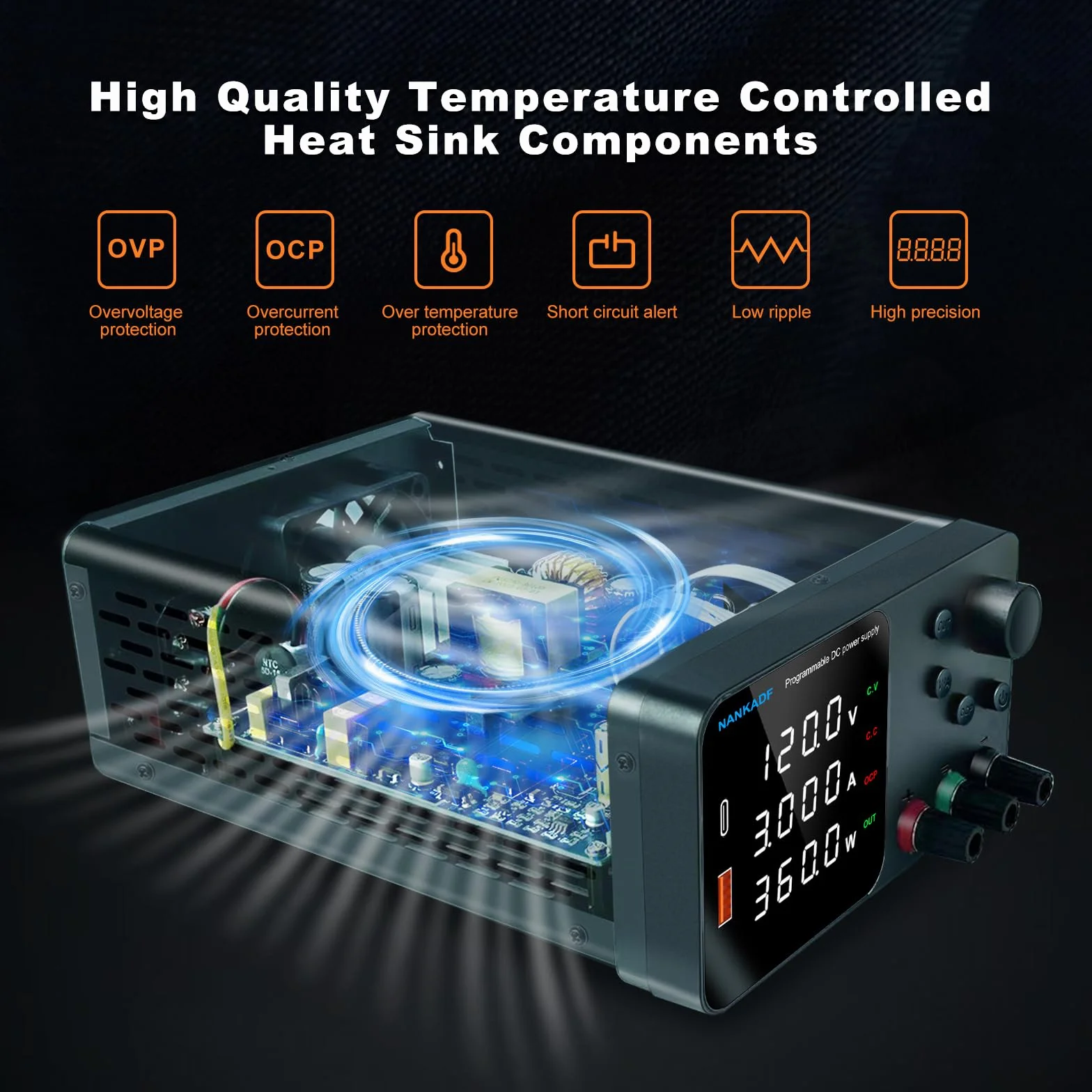 Zasilacz laboratoryjny 120V 3A prądu stałego z USB-A/Type-C i kontrolą kodera