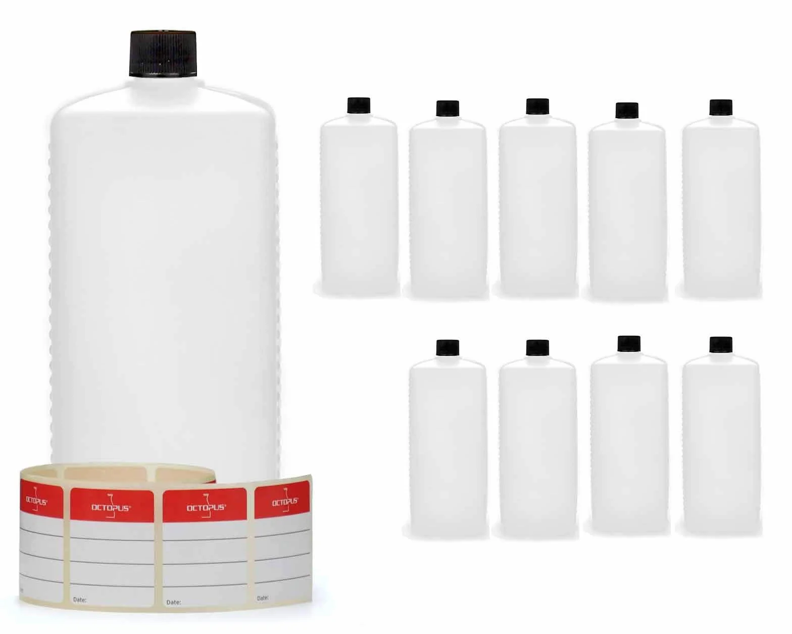 Octopus 10 x 1000 ml butelka plastikowa HDPE z czarnymi zakrętkami, puste butelka 1 l z zakręcanymi pokrywkami