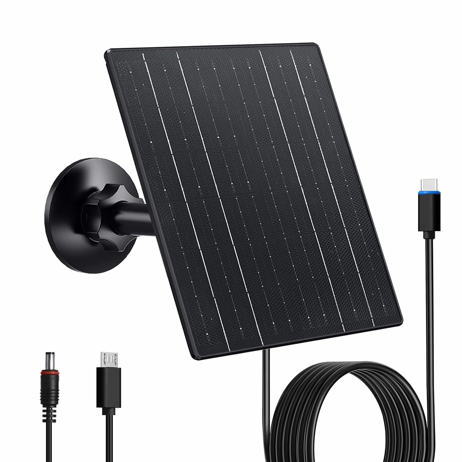 Zivif Ładowarka solarna 10 W, panel słoneczny 5 V do kamer bezpieczeństwa z portami USB-C/Micro USB/DC 5,5 x 2,1 mm, wodoodporność IP66, regulowany uchwyt 360° i kabel 2,2 m