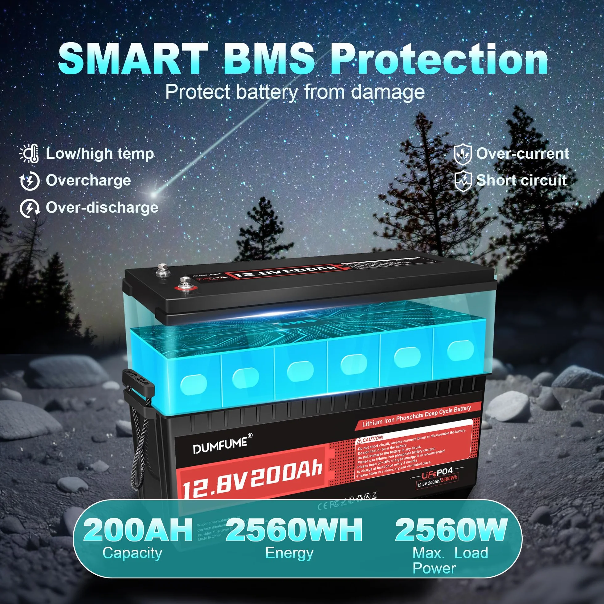 12V 200Ah Bateria Litowa LiFePO4, Pojemność 2560Wh z BMS 200A, 15000+ Cykli, Żywotność 10 Lat dla Kamperów, Systemów Solarnych, Kampingu & Zastosowań Off-Grid