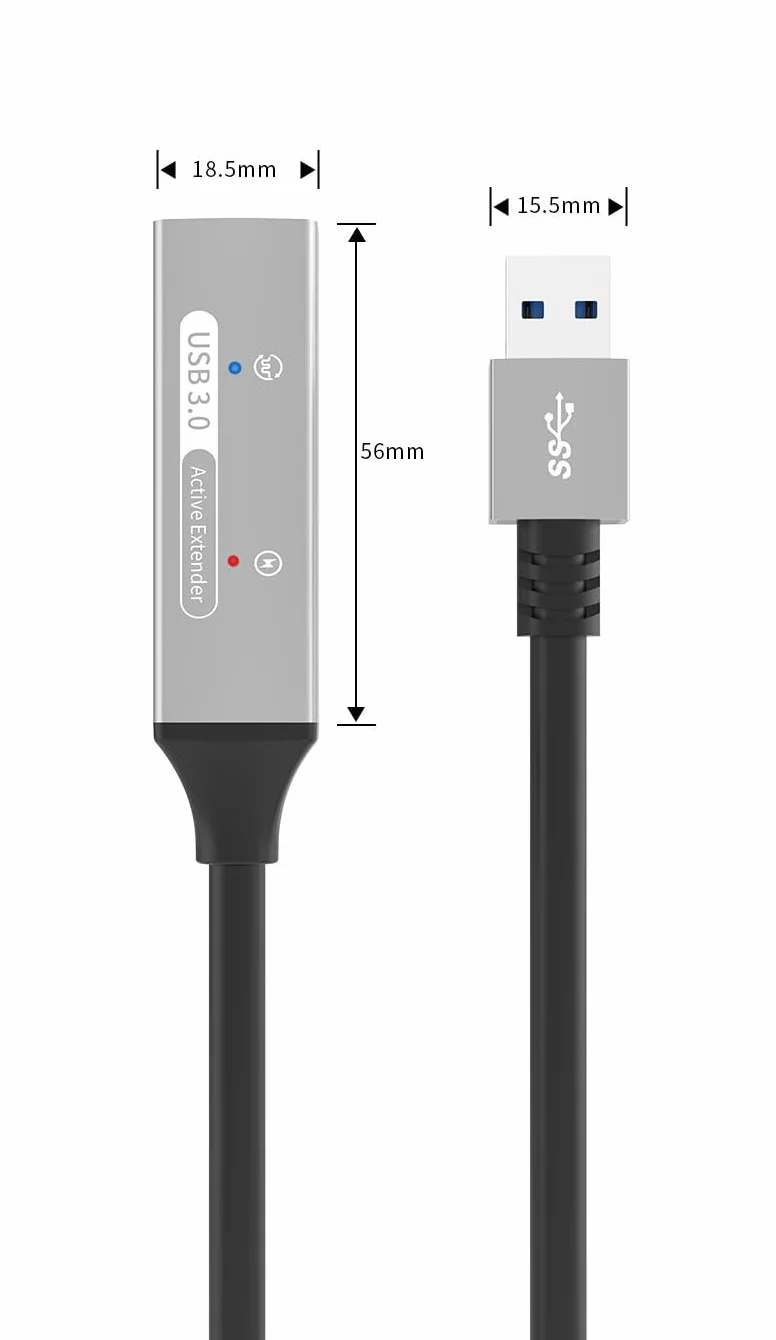 Aktywny Przedłużacz USB 3.2 Gen 1 20m, Złącze Żeńskie Typu A do Męskiego, SuperSpeed 5Gbit/s, Ekranowany, Aluminiowy, Czarny